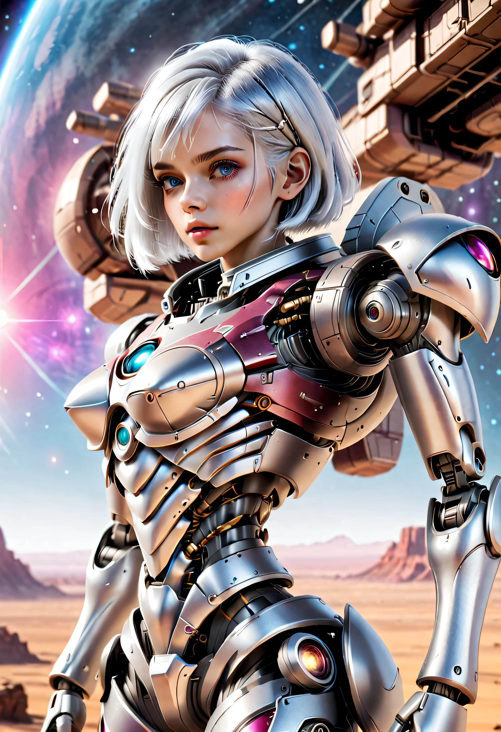 （（tmasterpiece，best qualtiy）），Beautiful 8K Ultra HD professional photos, Sharp focus, In a stunning fantasy world, Cute silver-haired girl and large mechanical robot structure，anatomy correct，Interstellar，Endless space，ssee-through，depth of fields，Magnificent space image scene，