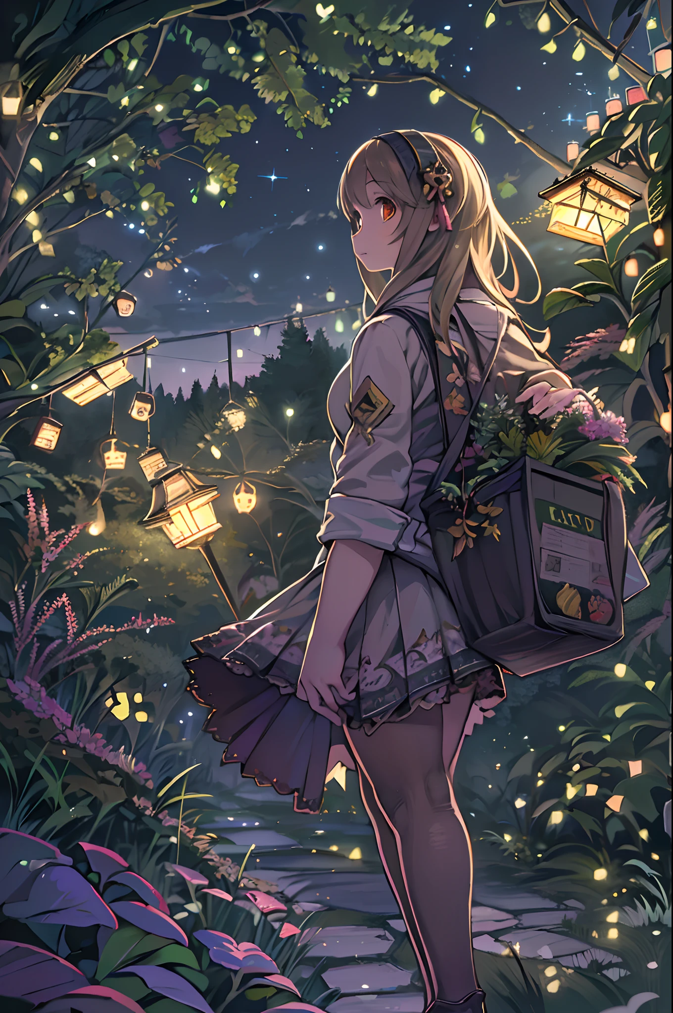 (8K, of the highest quality, masutepiece: 1.2), (Realistic, Photorealistic: 1.37), Super Detail, One girl, Wide-angle angle of view, Firefly Garden, There are many small faint lights and fireflies flying around, Night