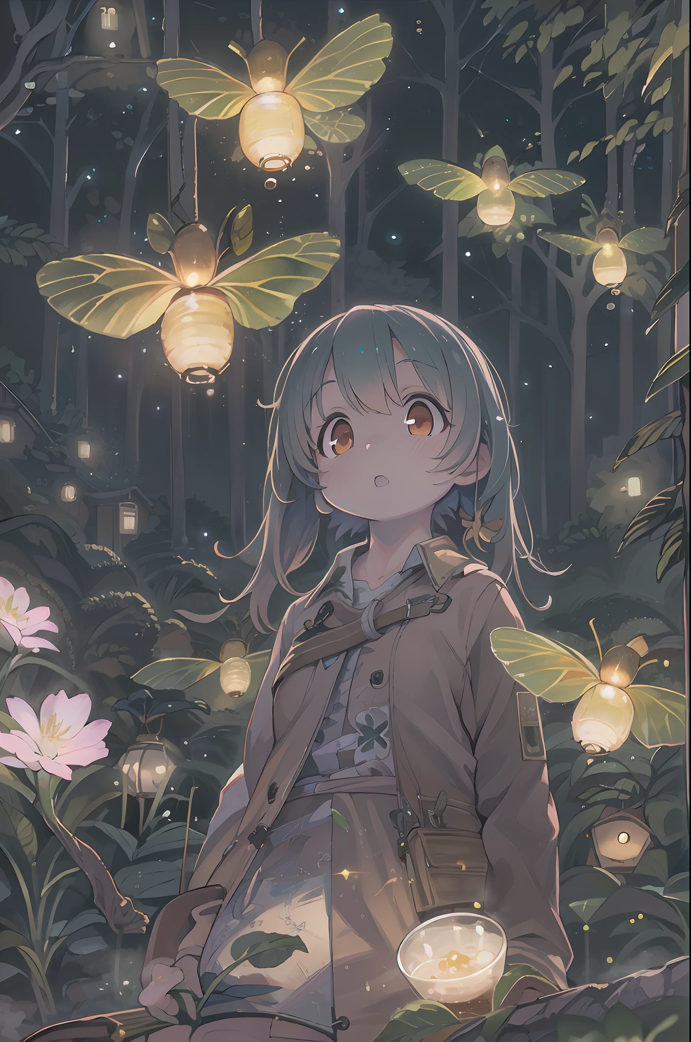 (8K, of the highest quality, masutepiece: 1.2), (Realistic, Photorealistic: 1.37), Super Detail, One girl, Wide-angle angle of view, Firefly Garden, There are many small faint lights and fireflies flying around, Night