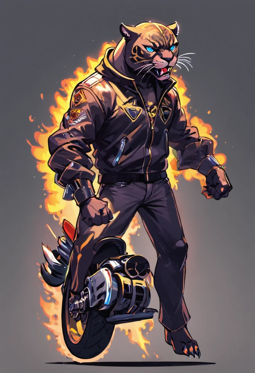 create a panther wearing a jacket that holding motorcycle gas, full body, animation character, transparent background
