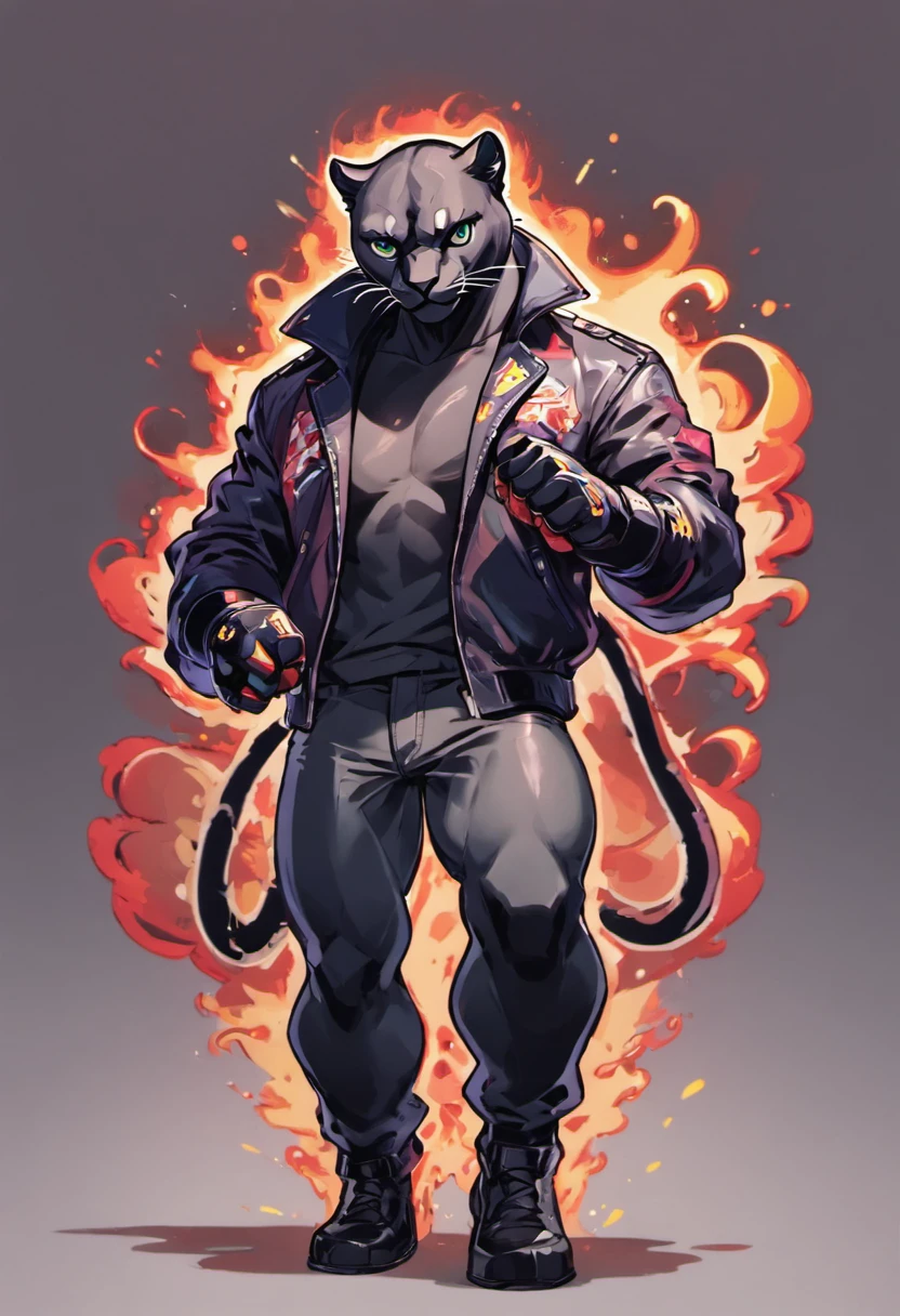 create a panther wearing a jacket that holding motorcycle gas, full body, animation character, transparent background