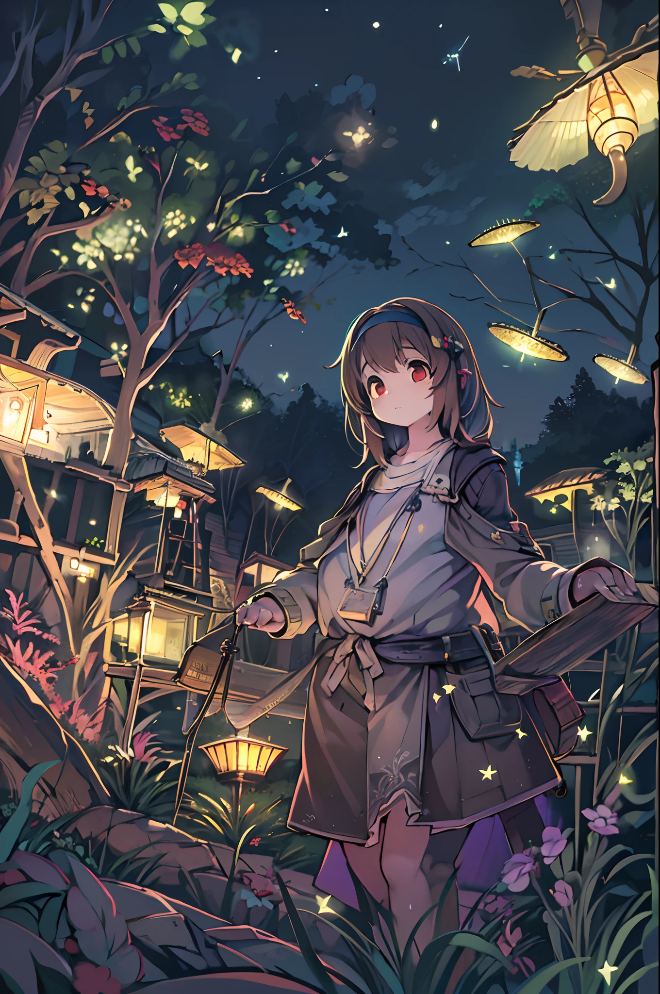 (8K, of the highest quality, masutepiece: 1.2), (Realistic, Photorealistic: 1.37), Super Detail, One girl, Wide-angle angle of view, Firefly Garden, There are many small faint lights and fireflies flying around, Night