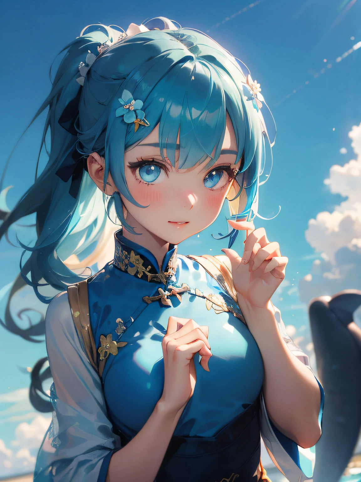 1girl , a 19 yo girl , 19 years old , super adorable , full head ,(Upper Body : smallunderboob , Skinny ) , ((tmasterpiece)) , (Very detailed CG unity 8K wallpaper) , best qualtiy , cinmatic lighting , (hi-top fade:1.3) , dark themed , Muted Tones , Subdued Color , highly contrast , (natural skin textures , Hyper-Realism , Soft light , sharp) , (Hair : (Light Cyan Hair:1.5) , (shoulder-length hair) , ponytail , (hair covers one eye : 1.5) ) , (Cetacean Blue eyes:1.5) , beatiful detailed eyes , (Bright eyes:1.5) , (Very fine and beautiful) , (Beautiful and detailed eye description) , ( Background : white ) , Blur Background , (Wearing : (Sky Blue  innovative Ao dai:1.5) , Water Blue accessory , Star Command Blue flower shaped hair clip ) , opposite shot , (Gentle Emotion expression:1.5)) , (Pose : random Cute pose , Gentle Smile )