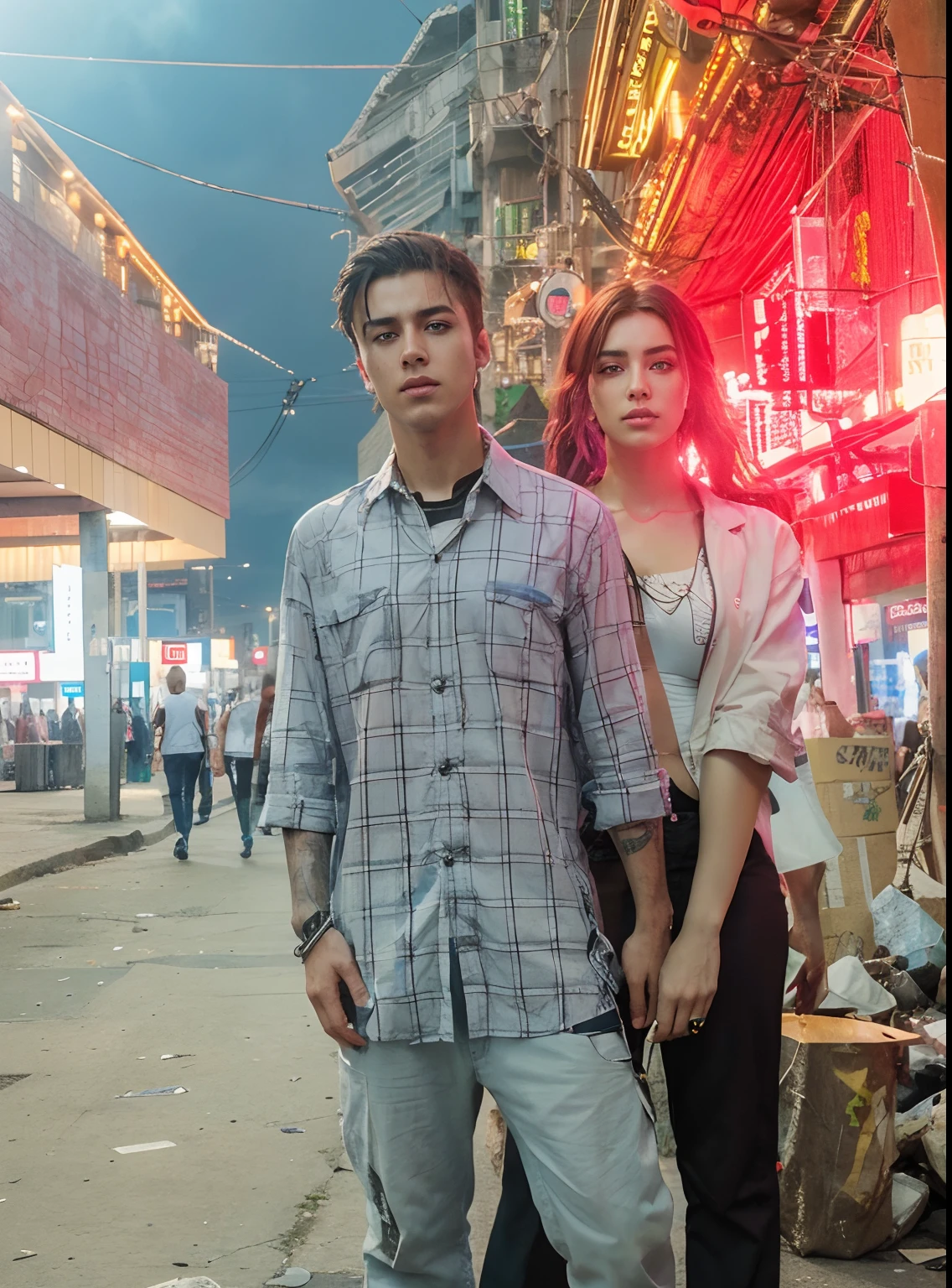 Change background cyberpunk handsome and beautiful boy and girl . realistic face 8k ultra realistic,