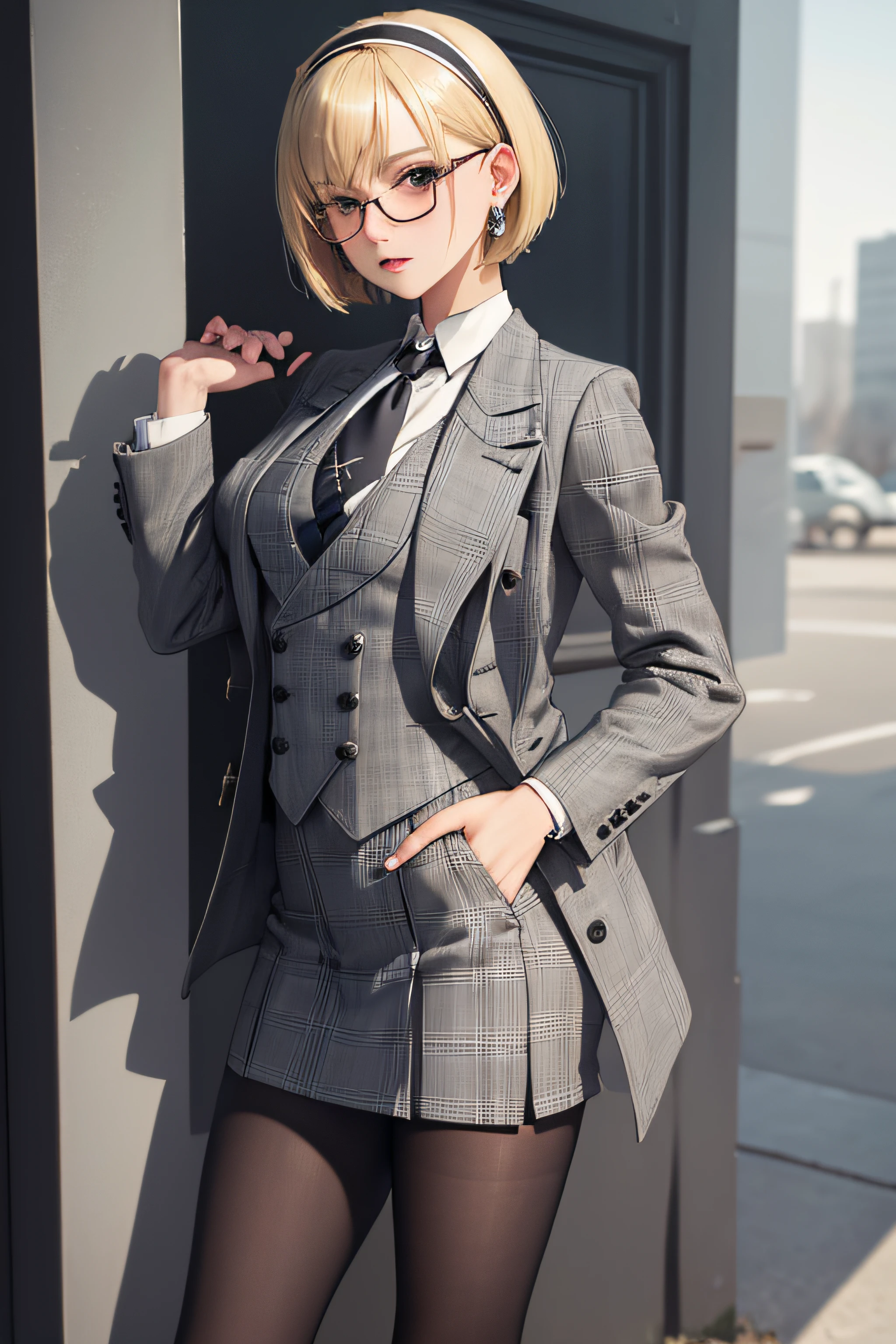 (masterpiece, best quality:1.2), cowboy shot, solo, 1girl, looking at viewer, hand on leg, blonde hair, short hair, bobcut hair, hairband, glasses, grey plaid skirt suit, (((three-piece suit))), necktie, blazer, (((suit jacket))), (((waistcoat))), double-breasted waistcoat, bodycon miniskirt, pencil skirt, tie clip, pocket square, pocket watch, pantyhose, high heels, earrings,