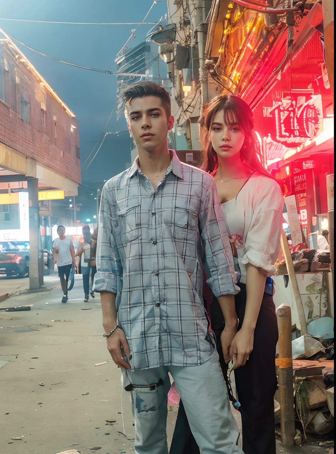 Change background cyberpunk handsome and beautiful boy and girl . realistic face 8k ultra realistic,
