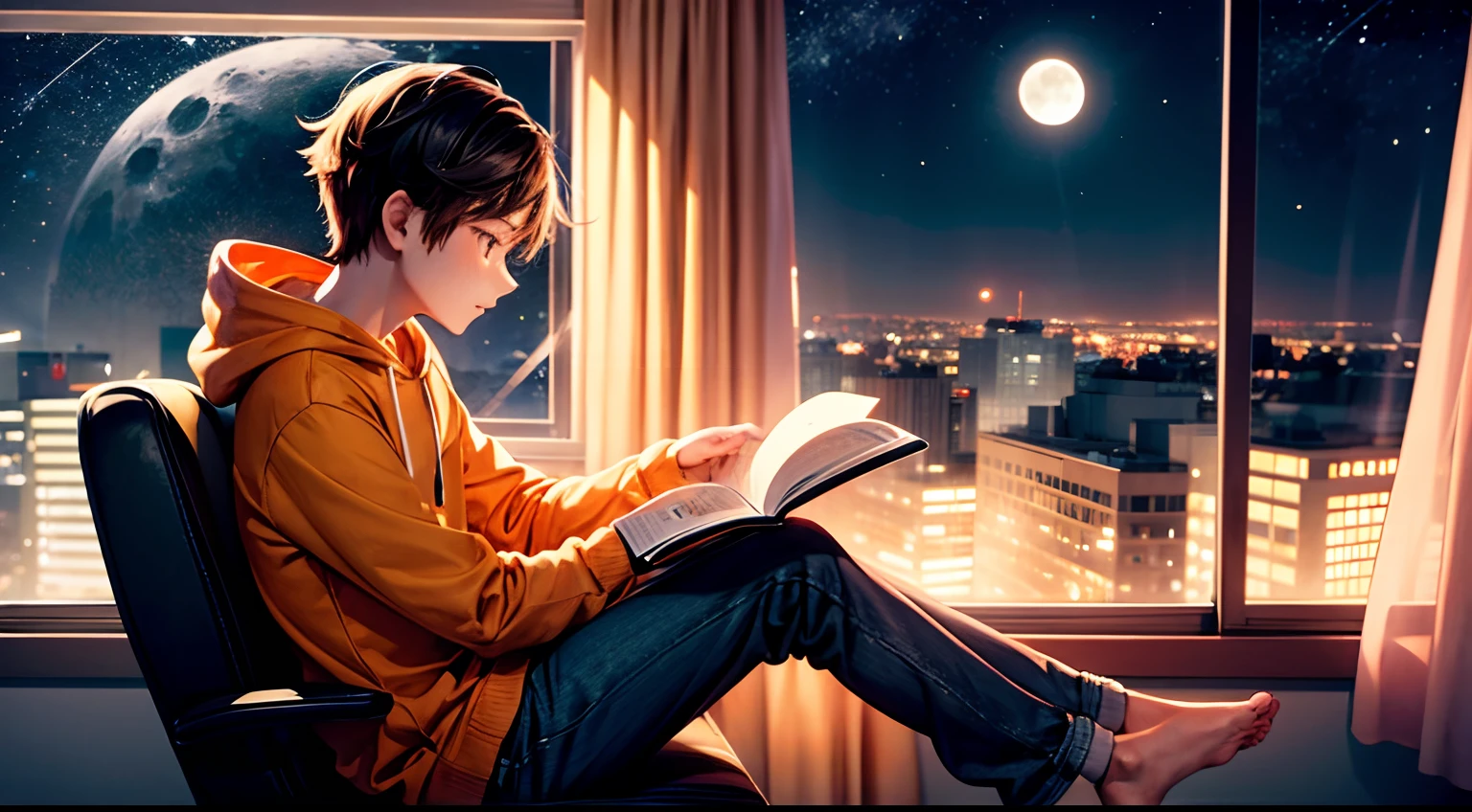 natta,Boy studying in orange light,profile,full body Esbian,Sitting in a chair,Hoodies and sweatshirts,Moon and stars outside the window,Swaying curtains