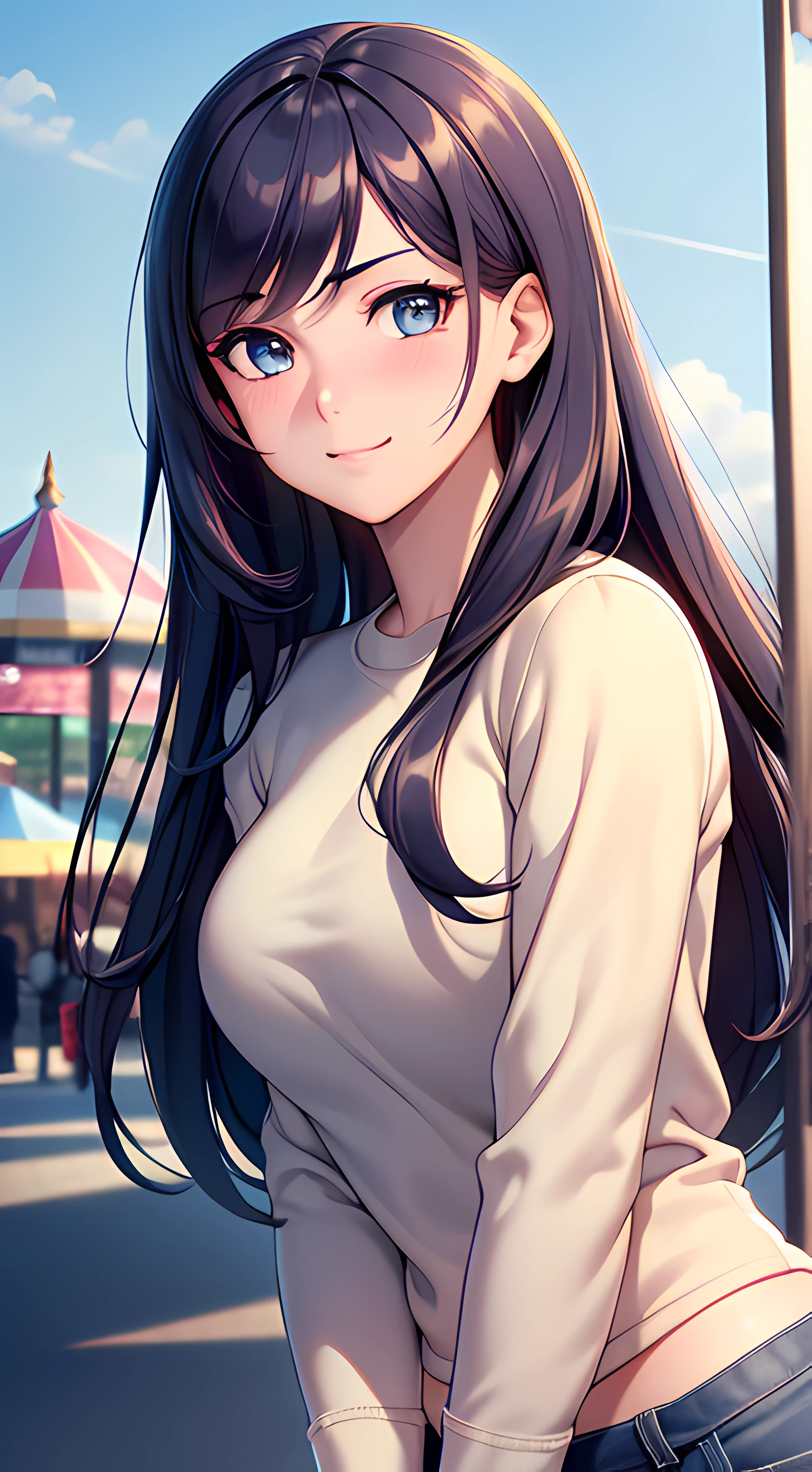 ((masterpiece, best quality, highres, UHD, perfect pixel, depth of field, 4k, RTX, HDR, extremely detailed)), 1girl, single, solo, 24 years old, beautiful anime girl, beautiful art style, anime character, smile, beautiful smile, ((long hair, parted bangs, colorful hair)), (colorful eyes:1.4, rounded eyes, beautiful eyelashes, realistic eyes, extremely detailed pupil), (detailed face, blushing:1.2), (smooth texture:0.75, realistic texture:0.65, photorealistic:1.2, cinematic, anime CG style), medium breasts, perfect body, busty, dynamic angle, POV, ((casual, clothes, long sleeve, converse)), amusement park, outdoor, crowd, wind blows, (graceful, prestigious, glorious, elegant)