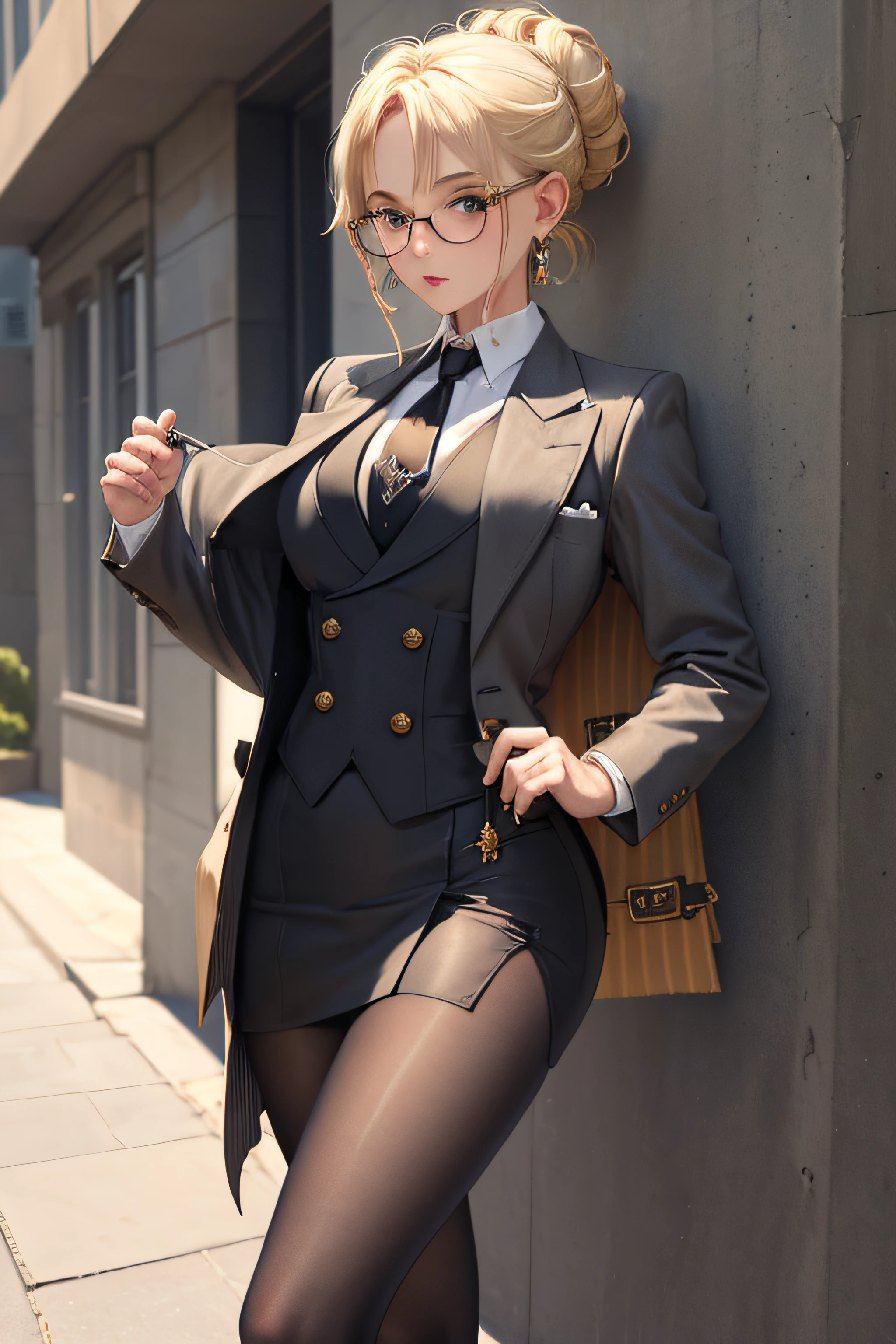 (masterpiece, best quality:1.2), cowboy shot, solo, 1girl, looking at viewer, hand on leg, blonde hair, elegant updo, hair up, messy hair bun, glasses, skirt suit, (((three-piece suit))), necktie, blazer, (((suit jacket))), (((waistcoat))), double-breasted waistcoat, bodycon miniskirt, pencil skirt, tie clip, pocket square, pocket watch, pantyhose, high heels, earrings,