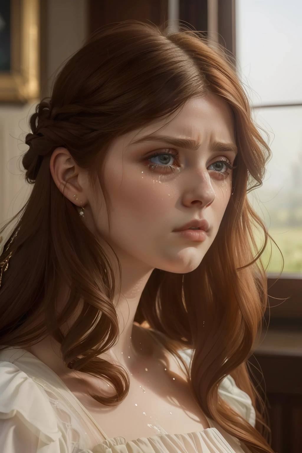 year: 2023. Location: England. Pre-Raphaelite scene with (((extreme close-up))) of a 32-year-old Alexandra Daddario, sad, crying, ((big tears)), indoors ((Hairstyle of the 2020s)), ((("OMITB" cinematography)))