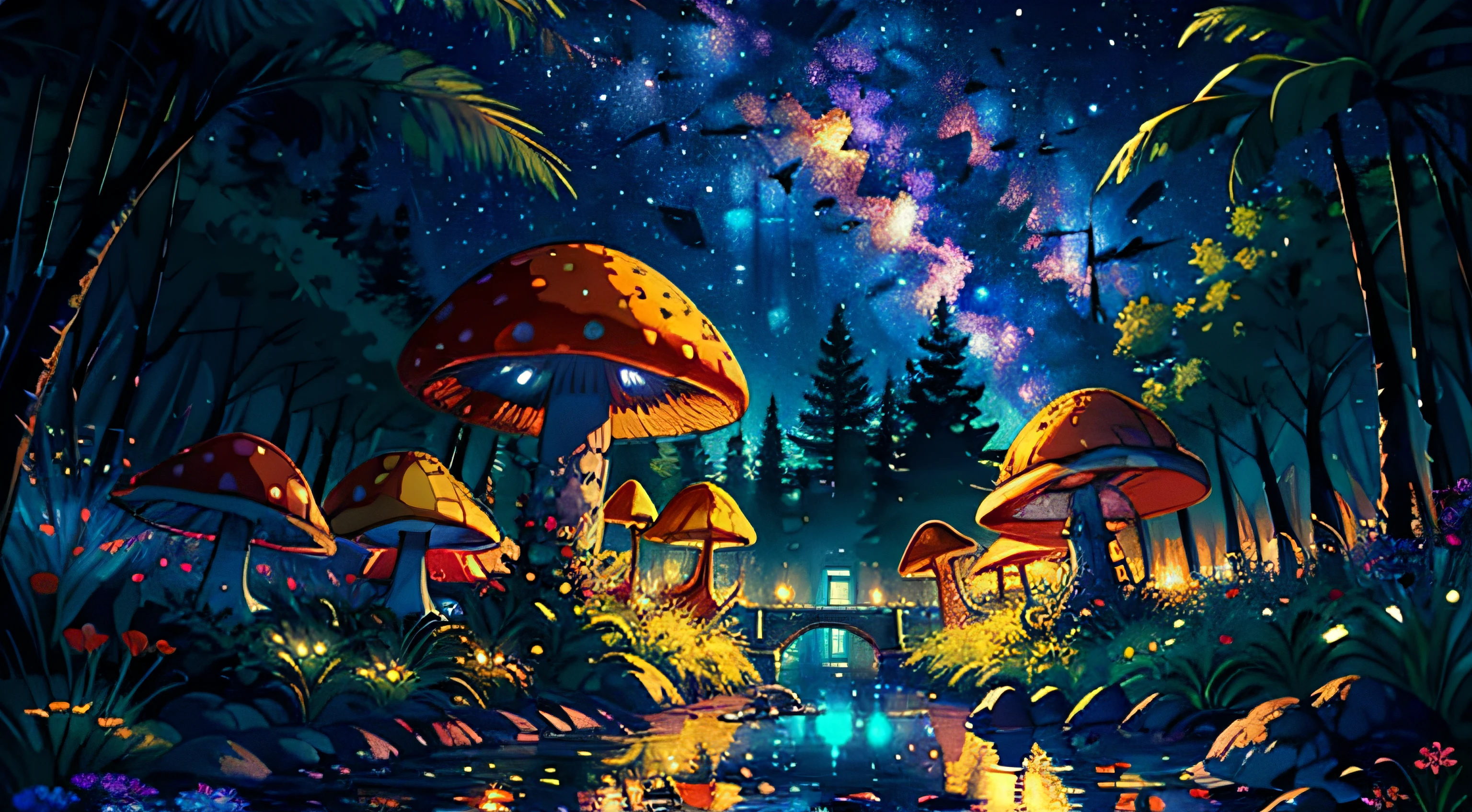 landscape, More trees, a small lake in the middle, surrounded by various colorful mushrooms, dreamy style, colorful, wallpaper. starry night