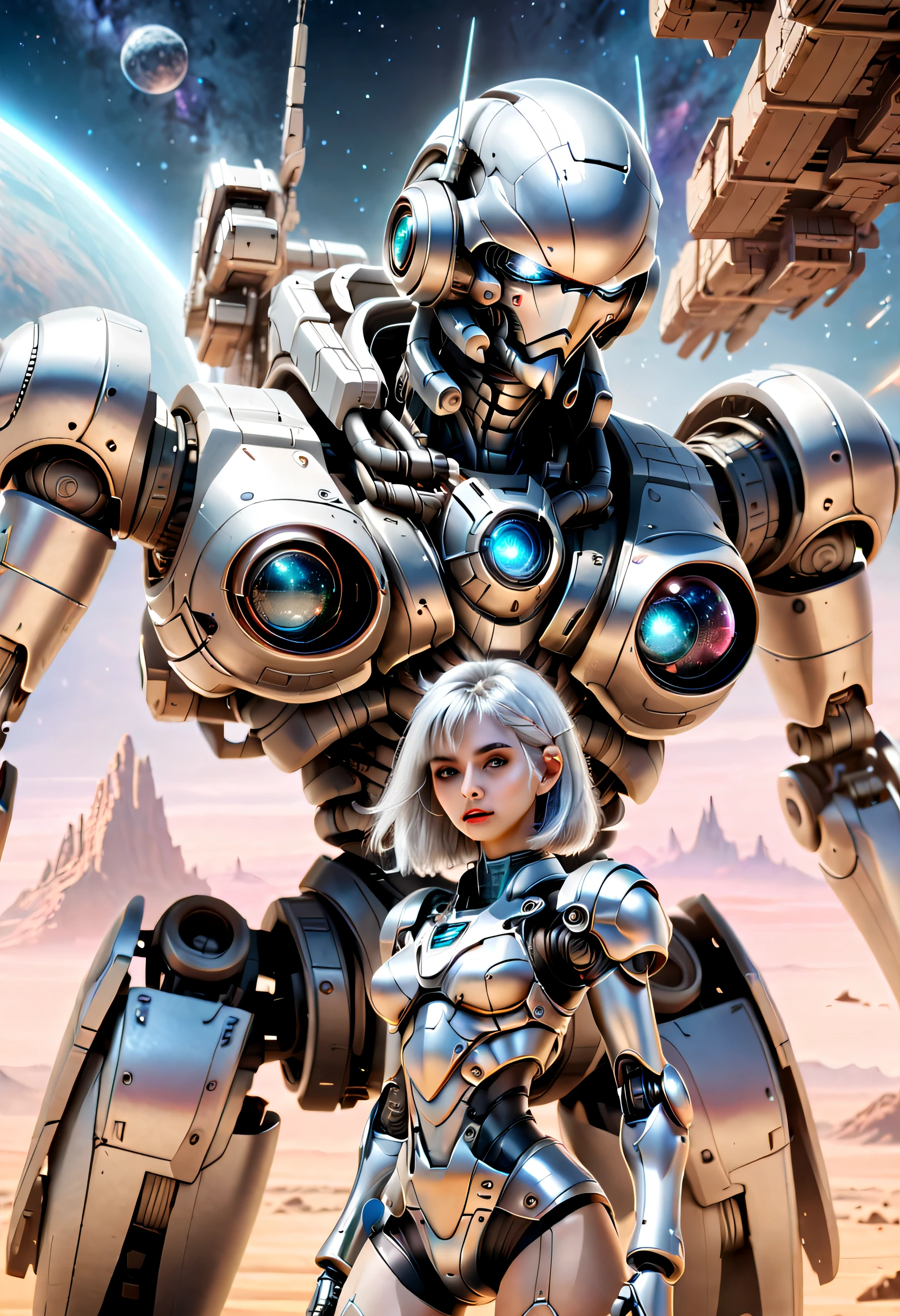 ((tmasterpiece,best qualtiy)),Beautiful 8K Ultra HD professional photos, Sharp focus, In a stunning fantasy world, Cute silver-haired girl and large mechanical robot structure,Interstellar,Endless space,ssee-through,depth of fields,Magnificent space image scene,
