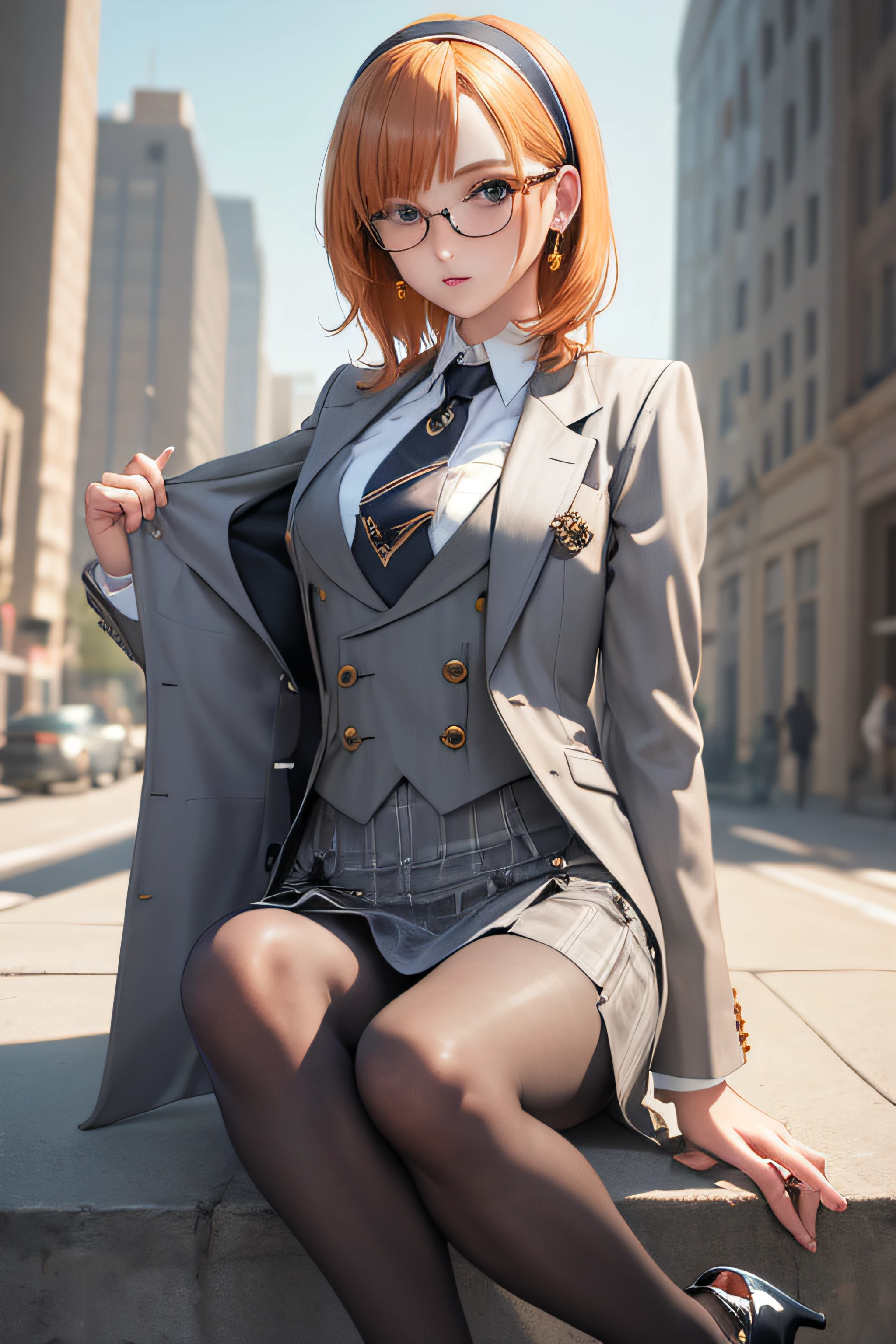 (masterpiece, best quality:1.2), cowboy shot, solo, 1girl, looking at viewer, hand on leg, ginger hair, short hair, bobcutlong hair, hairband, glasses, grey plaid skirt suit, (((three-piece suit))), necktie, blazer, (((suit jacket))), (((waistcoat))), double-breasted waistcoat, bodycon miniskirt, pencil skirt, tie clip, pocket square, pocket watch, pantyhose, high heels, earrings, shiny clothes