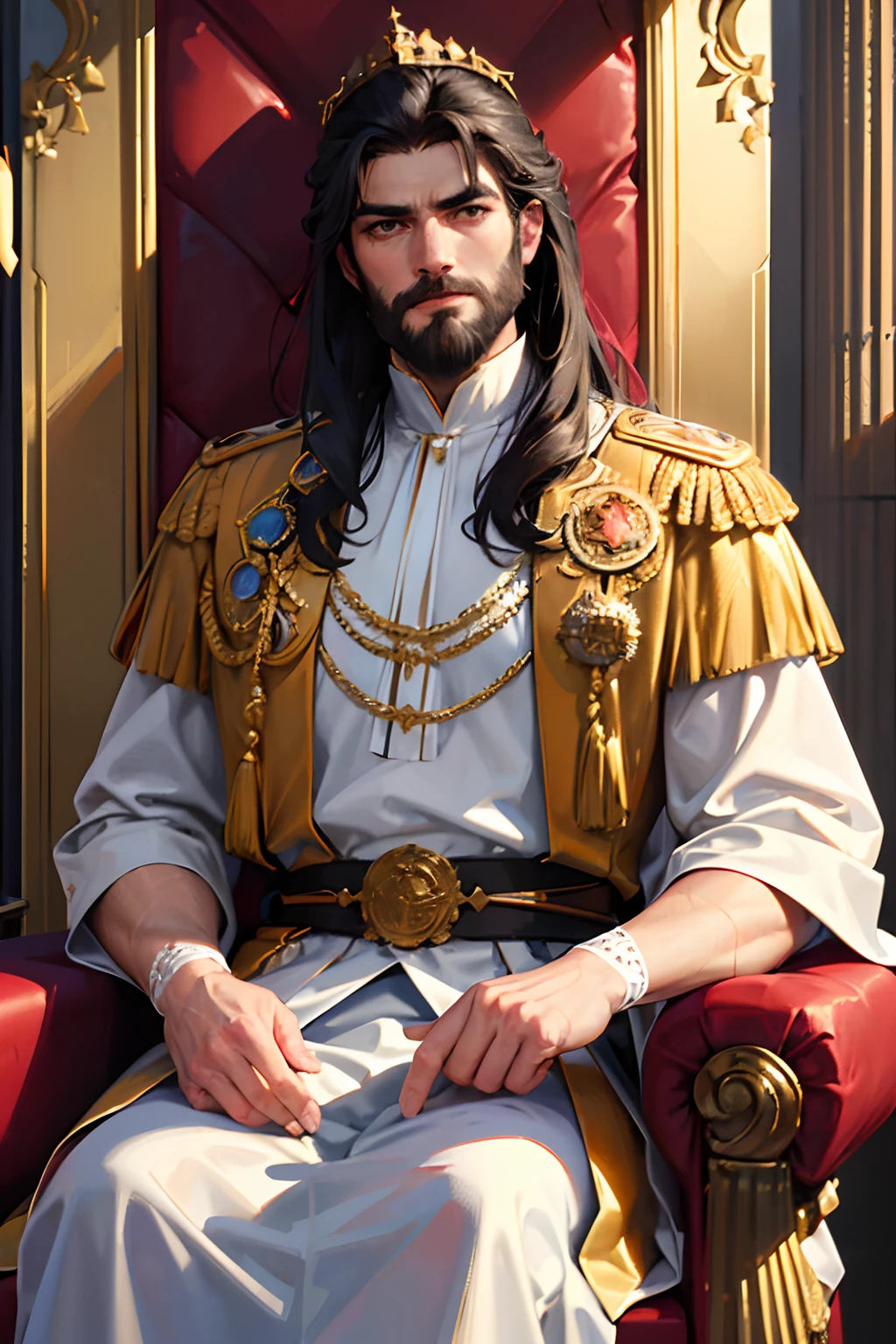 (best quality,4k,8k,highres,masterpiece:1.2),ultra-detailed,(realistic,photorealistic,photo-realistic:1.37),a man with a imposing face, long black hair, muscular, strong, king, king's attire, medieval, illustrious, powerful aura, noble posture, golden crown, regal expression, intricate facial features, intense gaze, fine details on the hair, detailed beard, majestic presence, delicate embroidery on the royal clothing, sword at his side, regal background, golden throne, soft warm lighting