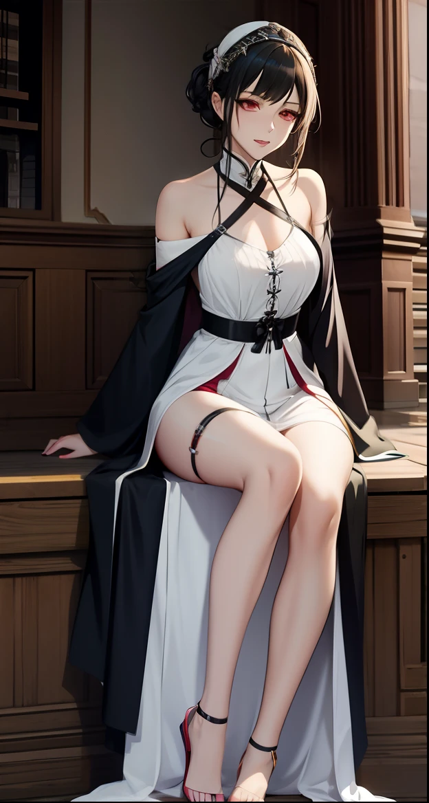 Araped woman in white dress and black cloak sitting on a bench, anime girl cosplay, Beautiful seductive anime woman, Anime goddess, seductive anime girls, sakimichan, full body xianxia, tifa lockhart with white hair, In addition, cosplay, beautiful anime girl squatting, from arknights, Sakimichan Frank Franzetta, naked body,