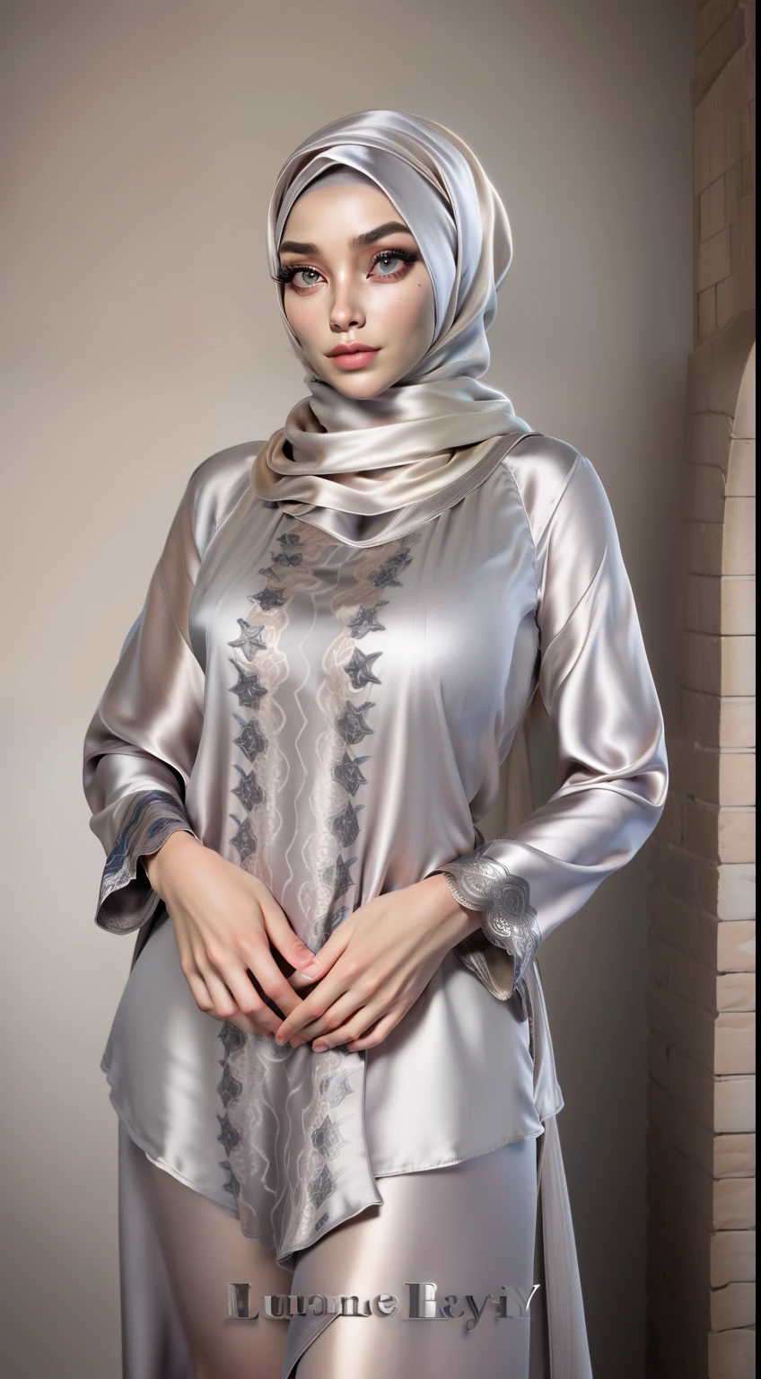 3DMM, ((Masterpiece, best quality, photography, detailed skin, realistic, photo-realistic, 8k, highly detailed, full length frame, High detail RAW color art, diffused soft lighting, shallow depth of field, sharp focus, hyperrealism, cinematic lighting, hijab, a woman in a beautifully makeup, eyeshadow, beautiful big eyes, long eye lashes, wearing (Gray satin hijab), loosely tide hijab style, ((Taupe satin kaftan)),