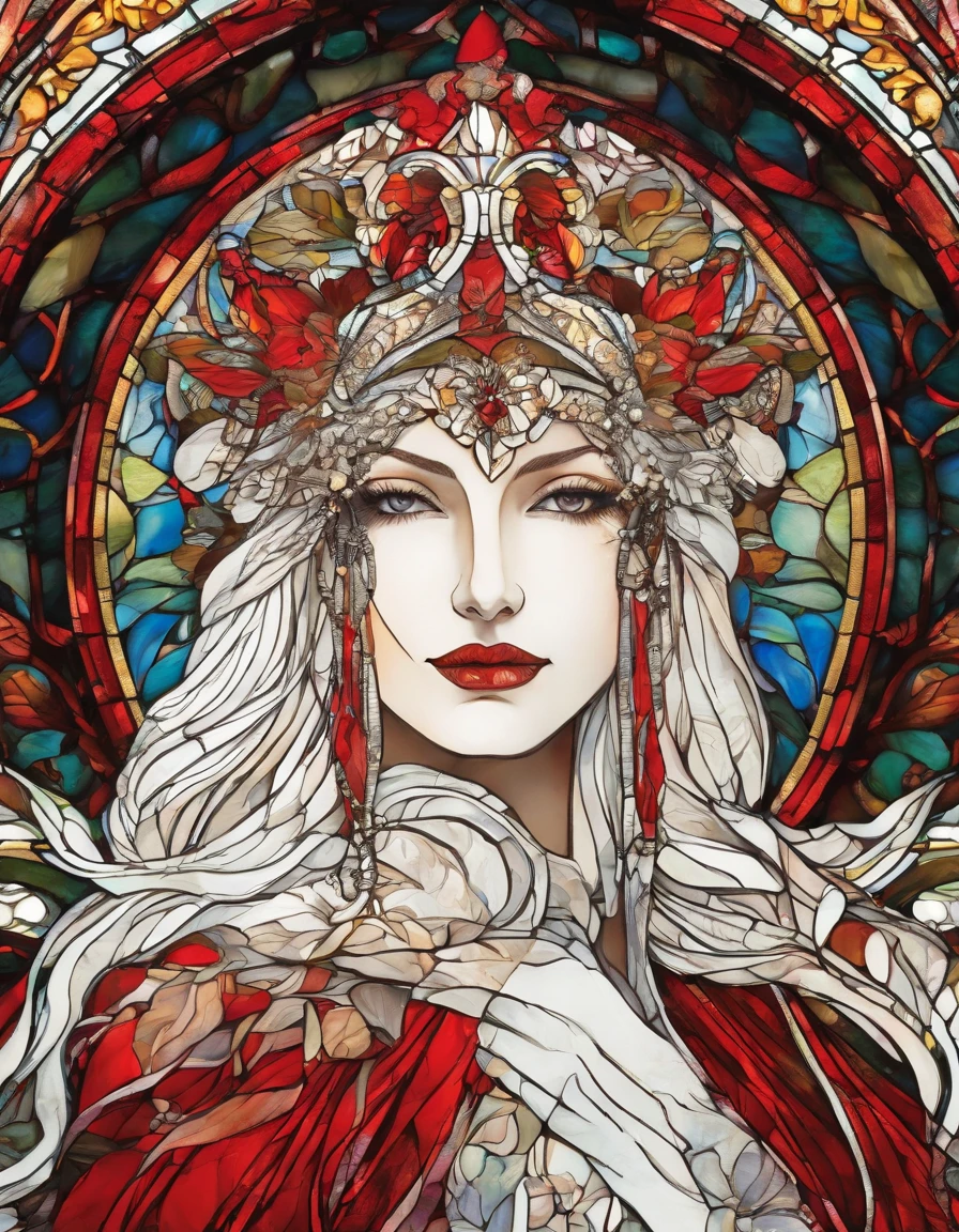 Woman in a white half mask, grandes asas de anjo, vestido vermelho longo, innocence