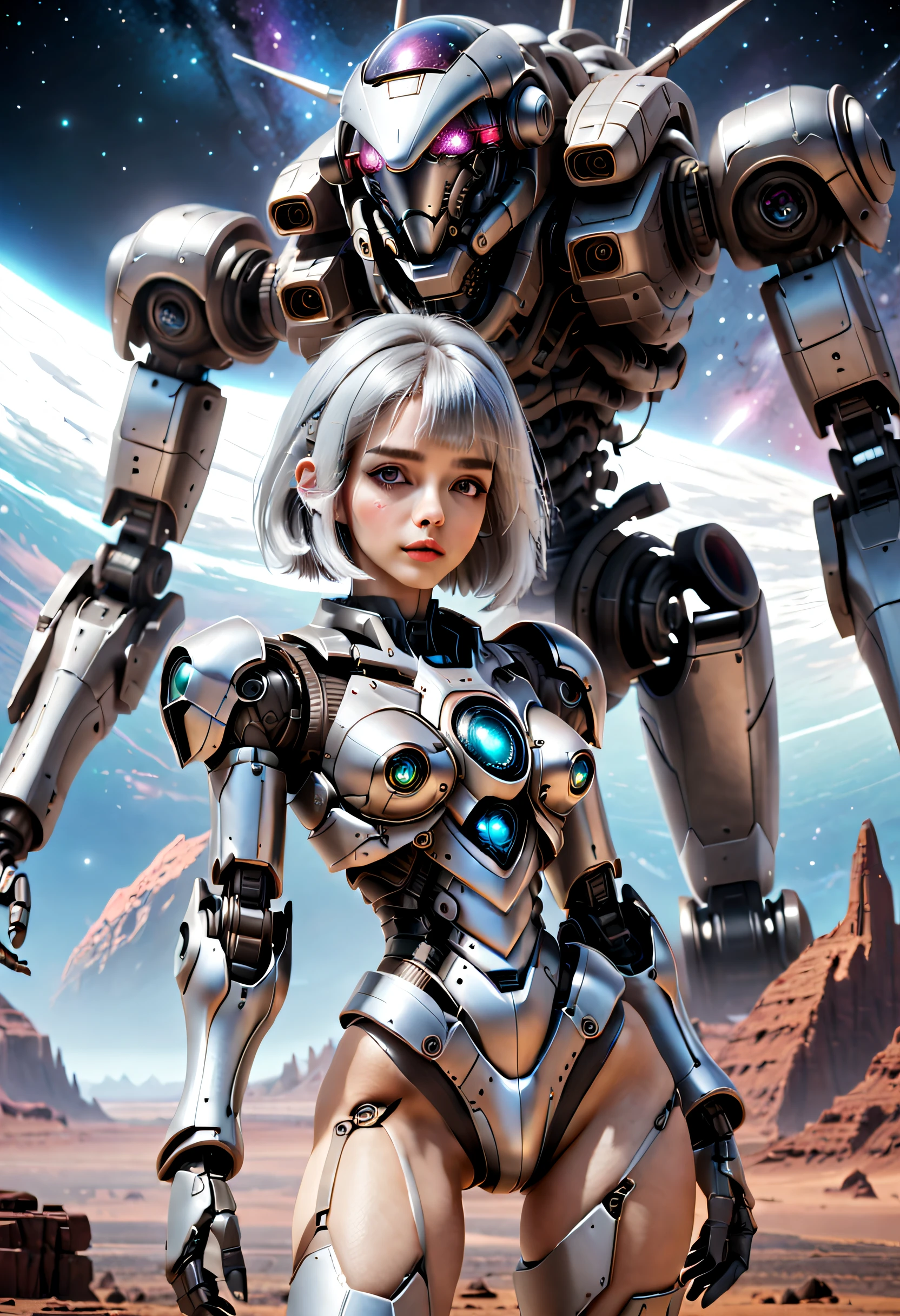 （（tmasterpiece，best qualtiy）），Beautiful 8K Ultra HD professional photos, Sharp focus, In a stunning fantasy world, Cute silver-haired girl and large mechanical robot structure，Interstellar，Endless space，ssee-through，depth of fields，Magnificent space image scene，