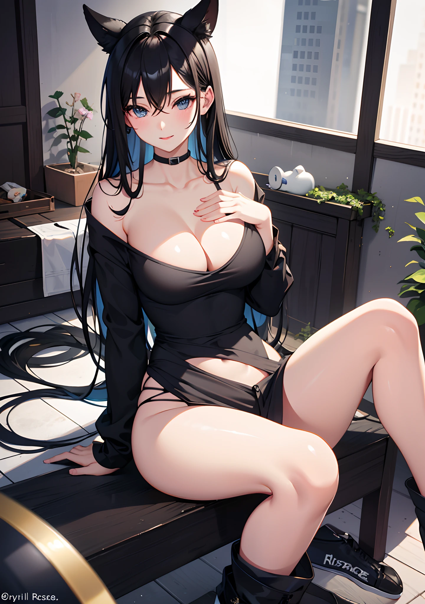 masterpiece, bestquality, perfectbody, redeyes, blackhair, bigbreasts, niceforsmile, perfectface, clothestoptank,