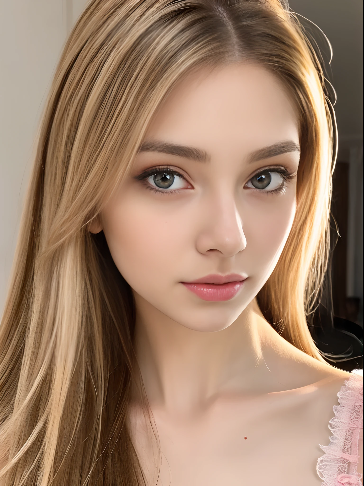 Pretty innocent girl , realistic long blonde and brown beautiful hair realistic, realistic detailed skin, pretty realistic detailed face, detailed pretty hazel eyes , detailed lips , attractive and beautiful, most prettiest girl in the world, insanely gorgeous, slim waist with nice body, petite girl, highly detailed, ultra realistic , soft face features, wearing a pink fluffy dress at a party