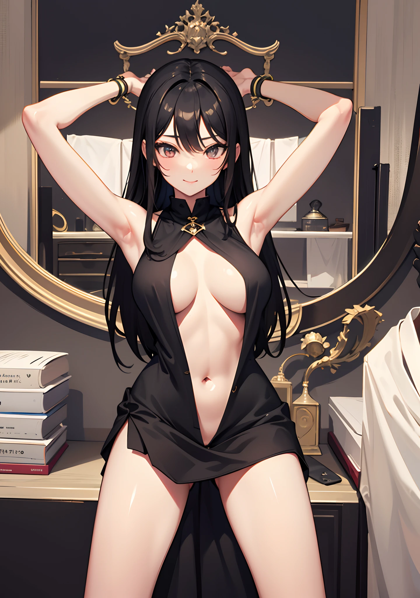 masterpiece, bestquality, perfectbody, redeyes, blackhair, bigbreasts, niceforsmile, perfectface, clothestoptank,