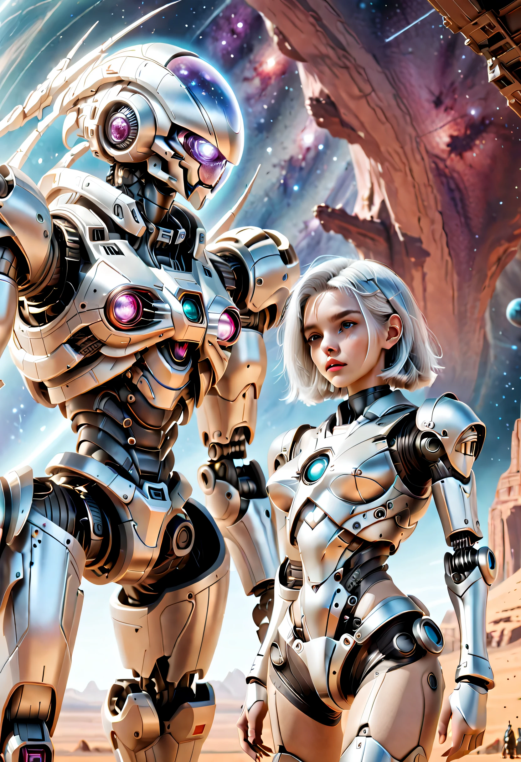((tmasterpiece,best qualtiy)),Beautiful 8K Ultra HD professional photos, Sharp focus, In a stunning fantasy world, Cute silver-haired girl and large mechanical robot structure,Interstellar,Endless space,ssee-through,depth of fields,Magnificent space image scene,
