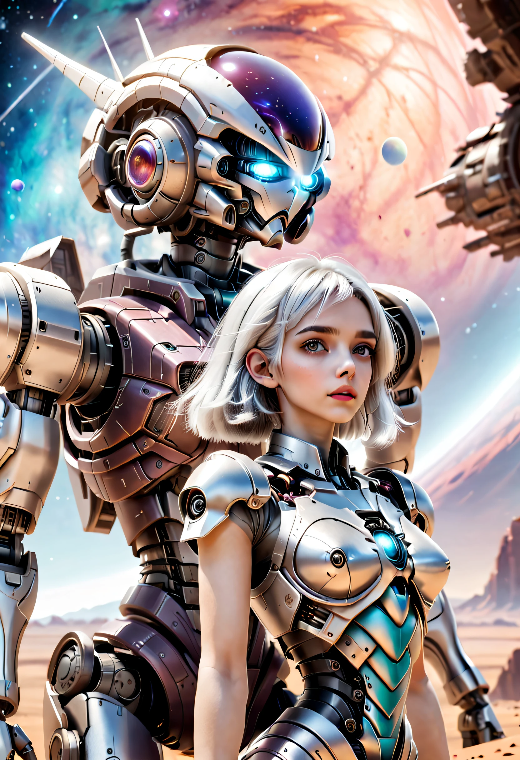 （（tmasterpiece，best qualtiy）），Beautiful 8K Ultra HD professional photos, Sharp focus, In a stunning fantasy world, Cute silver-haired girl and large mechanical robot structure，Interstellar，Endless space，ssee-through，depth of fields，Magnificent space image scene，