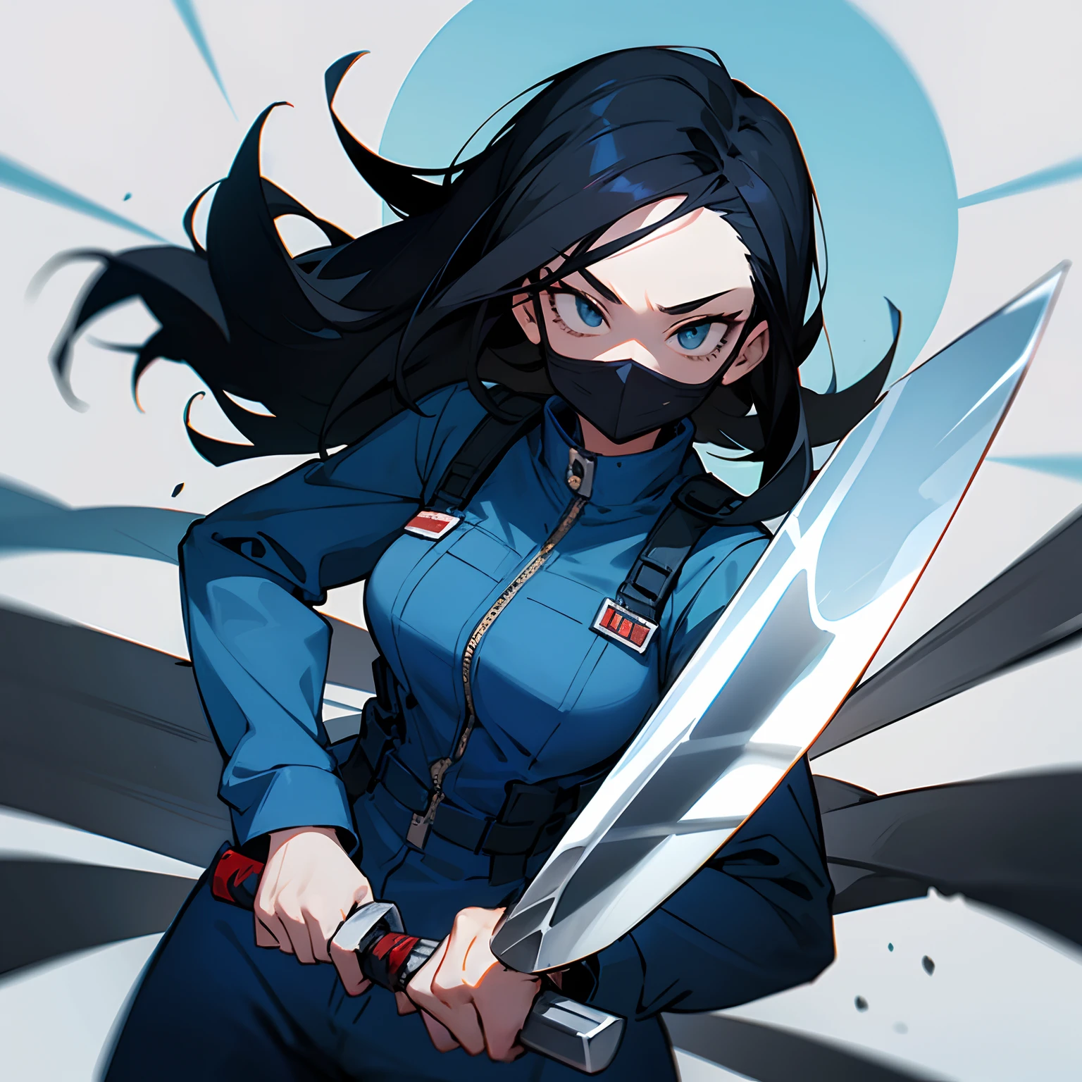 “My Hero Academia Style” “Michael Myers” “Knife In Hand” “Female” “Anime Style” “Ultra” “White mask” “Dark Blue Jumpsuit” “Bloody Knife” “Black Hair”