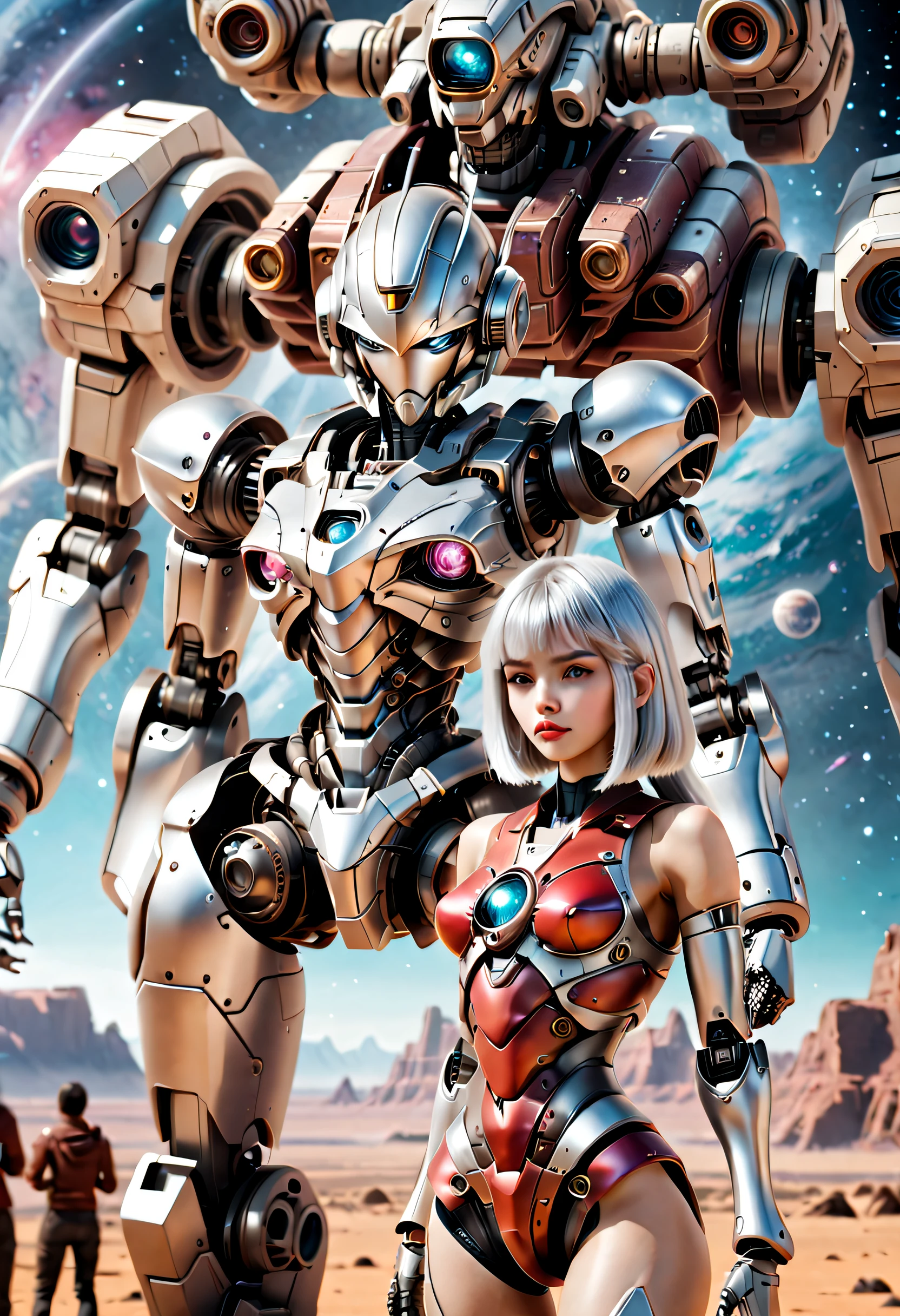 （（tmasterpiece，best qualtiy）），Beautiful 8K Ultra HD professional photos, Sharp focus, In a stunning fantasy world, Cute silver-haired girl and large mechanical robot structure，Interstellar，Endless space，ssee-through，depth of fields，Magnificent space image scene，