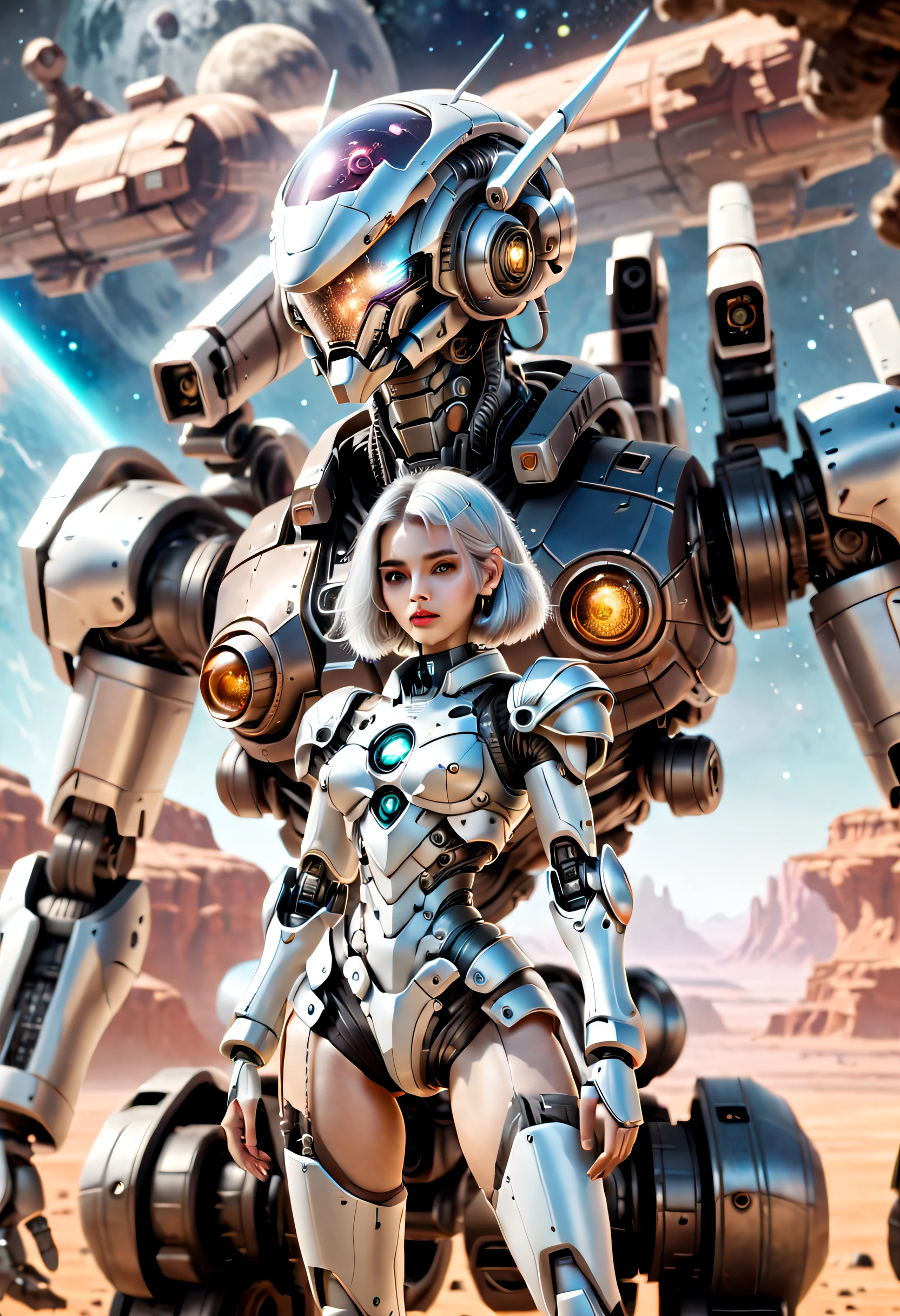 ((tmasterpiece,best qualtiy)),Beautiful 8K Ultra HD professional photos, Sharp focus, In a stunning fantasy world,Fully armed silver-haired girl and large mechanical robot structure,anatomy correct,Interstellar,Endless space,ssee-through,depth of fields,Magnificent space image scene,