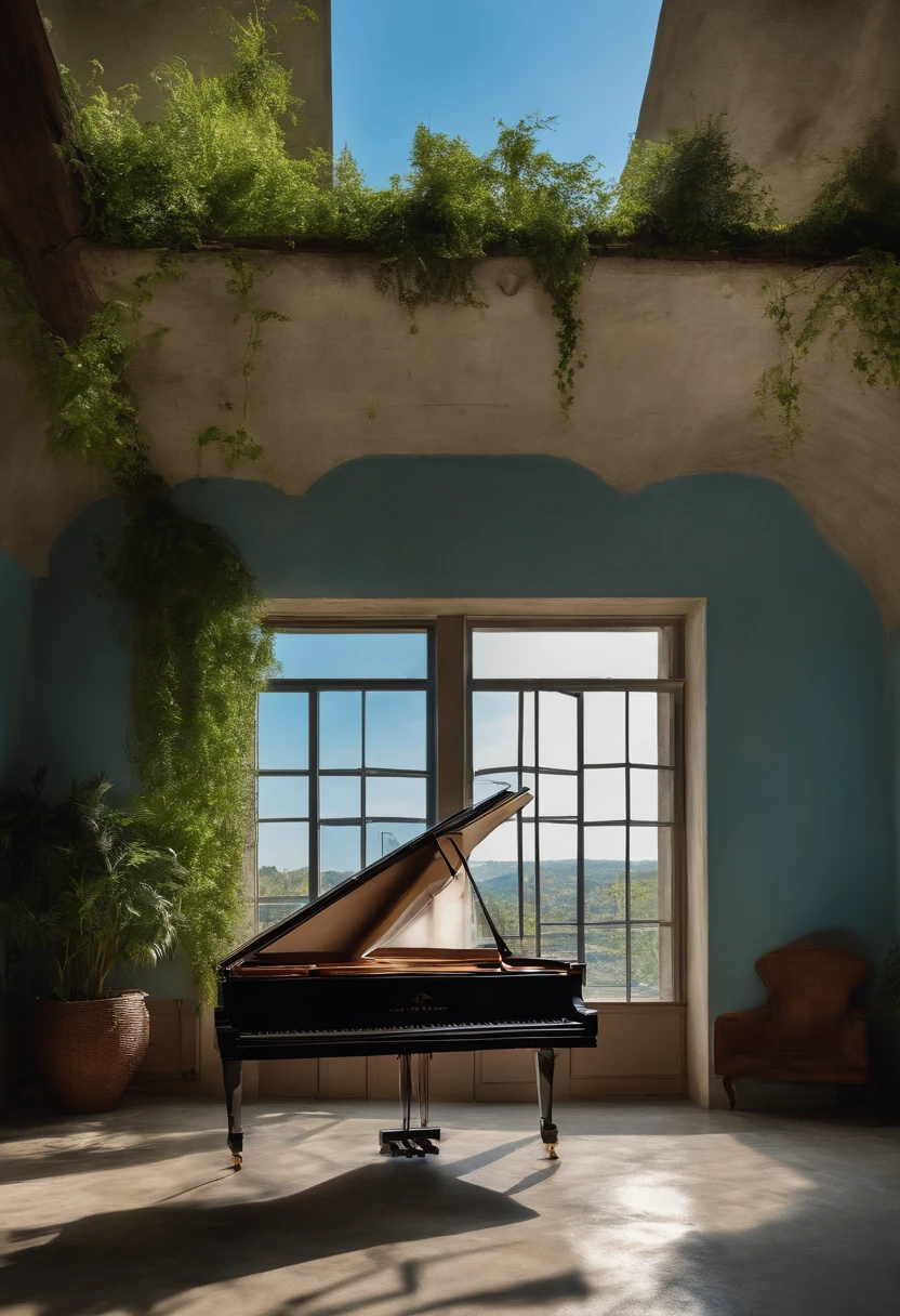 1 grand piano、Concrete floors、Like in ruins、Walls and ceilings are broken to see the blue sky、Beautiful blue sky、Single houseplant、