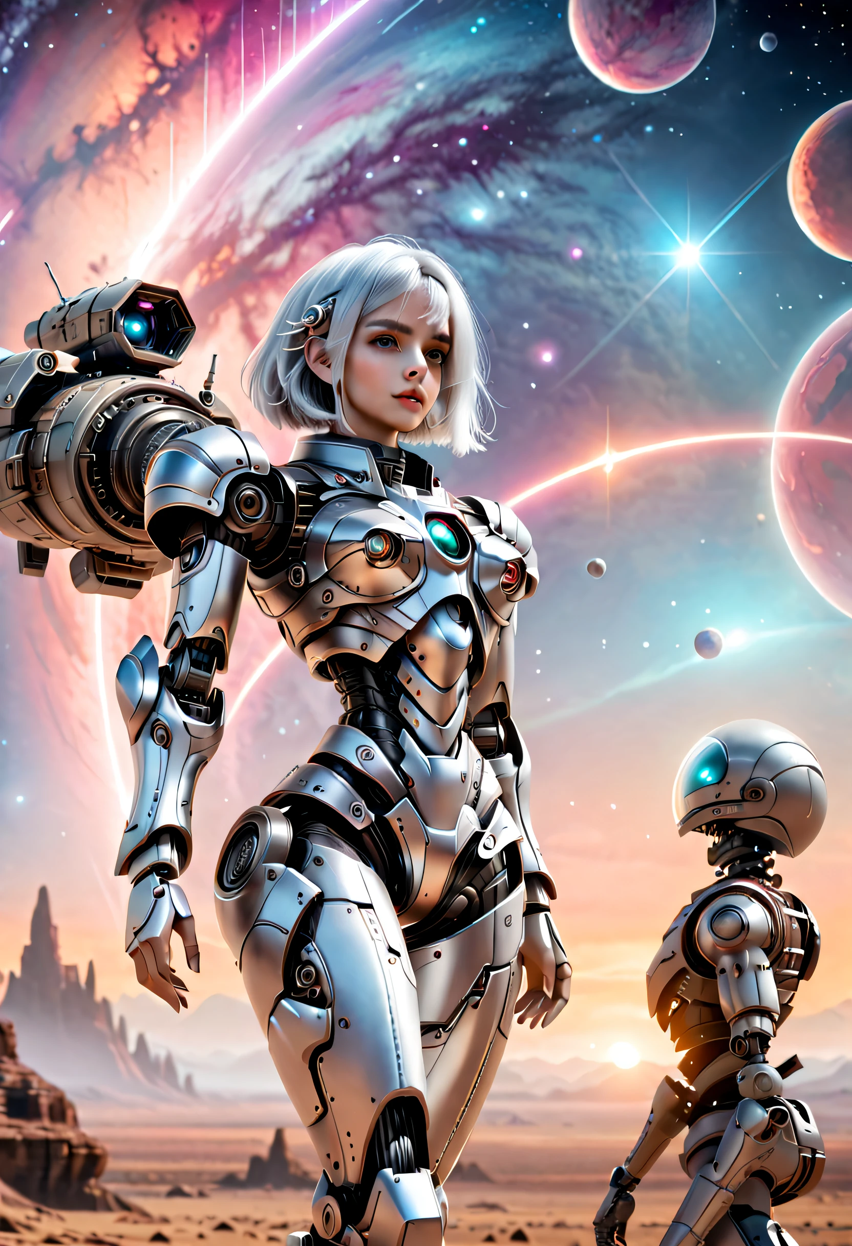 （（tmasterpiece，best qualtiy）），Beautiful 8K Ultra HD professional photos, Sharp focus, In a stunning fantasy world, Cute silver-haired girl，Large mechanical robot structure，Interstellar，Endless space，ssee-through，depth of fields，Magnificent space image scene，