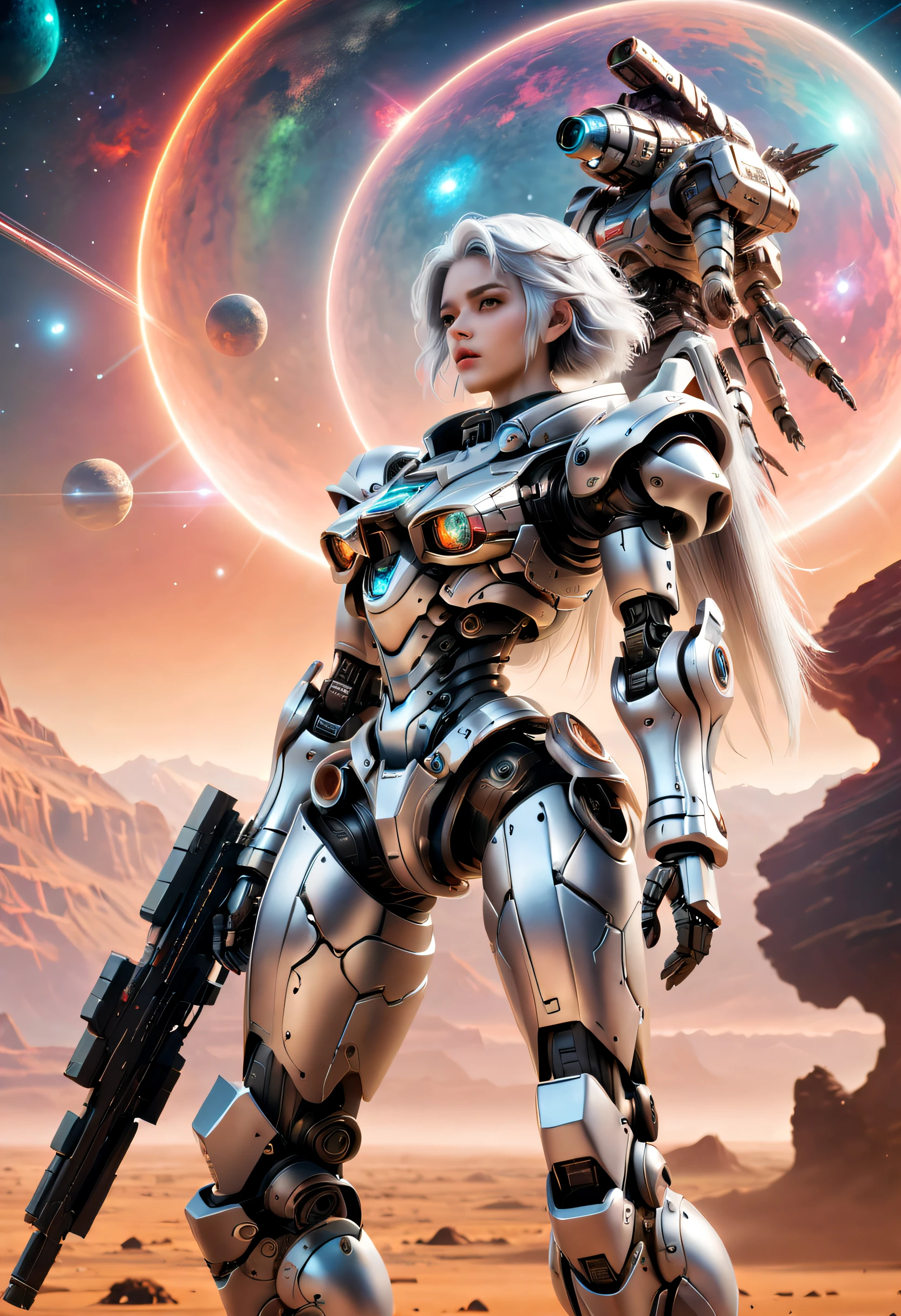 （（tmasterpiece，best qualtiy）），Beautiful 8K Ultra HD professional photos, Sharp focus, In a stunning fantasy world,Heavily armed silver-haired girl，，Large mechanical robot structure，Interstellar，Endless space，ssee-through，depth of fields，Magnificent space image scene，