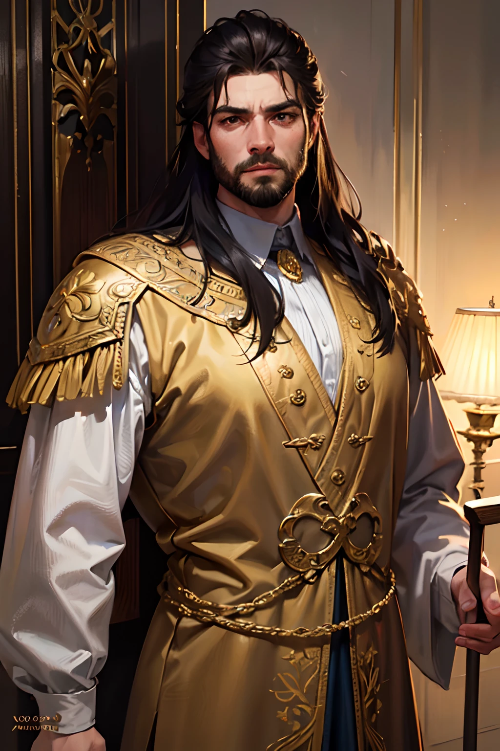 (best quality,4k,8k,highres,masterpiece:1.2),ultra-detailed,(realistic,photorealistic,photo-realistic:1.37),a man with a imposing face, long black hair, muscular, strong, king, king's attire, medieval, illustrious, powerful aura, noble posture, golden crown, regal expression, intricate facial features, intense gaze, fine details on the hair, detailed beard, majestic presence, delicate embroidery on the royal clothing, sword at his side, regal background, golden throne, soft warm lighting