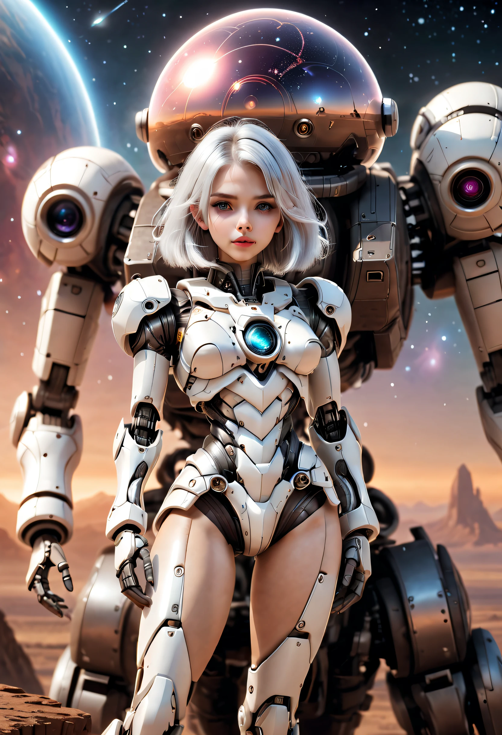 ((tmasterpiece,best qualtiy)),Beautiful 8K Ultra HD professional photos, Sharp focus, In a stunning fantasy world, Cute silver-haired girl and large mechanical robot structure,anatomy correct,Interstellar,Endless space,ssee-through,depth of fields,Magnificent space image scene,