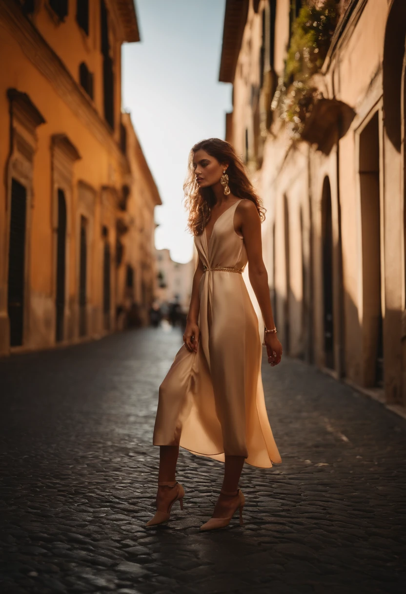 Fashion editorial photography: a model walking in the streets of de Rome golden hour –ar 2:3 --v 5.1