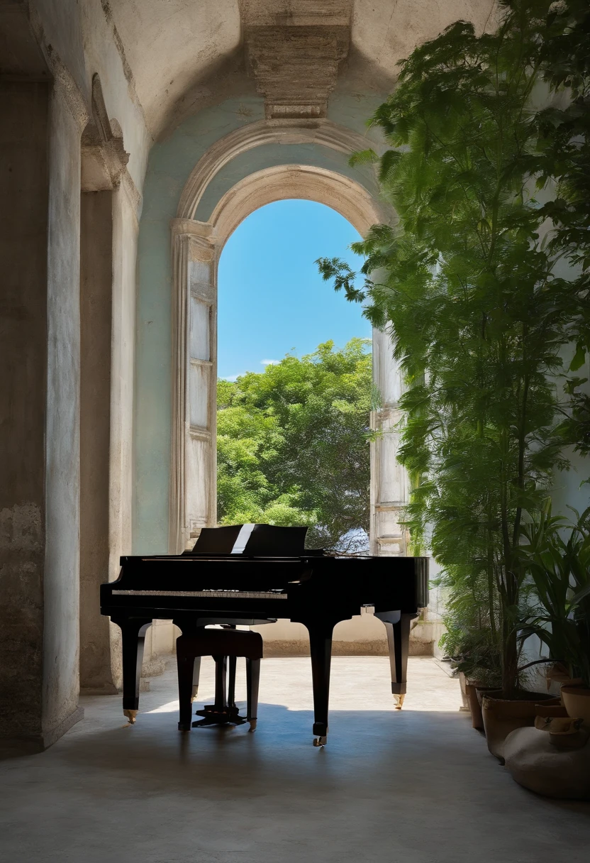 1 piano、Wide concrete floor、Like in ruins、Walls and ceilings are broken to see the blue sky、Beautiful blue sky、houseplant、