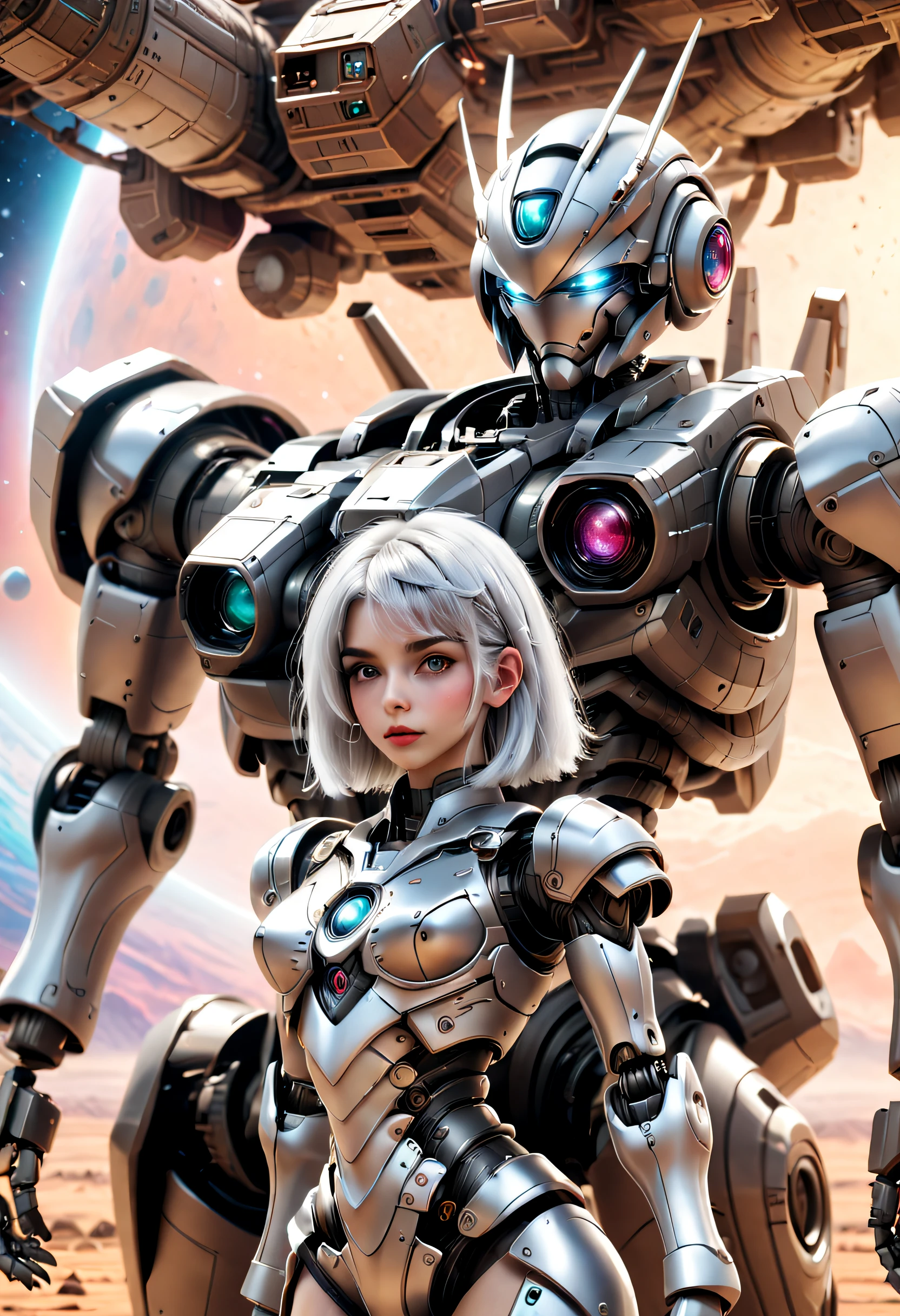 （（tmasterpiece，best qualtiy）），Beautiful 8K Ultra HD professional photos, Sharp focus, In a stunning fantasy world, Cute silver-haired girl，Large mechanical robot structure，Interstellar，Endless space，ssee-through，depth of fields，Magnificent space image scene，