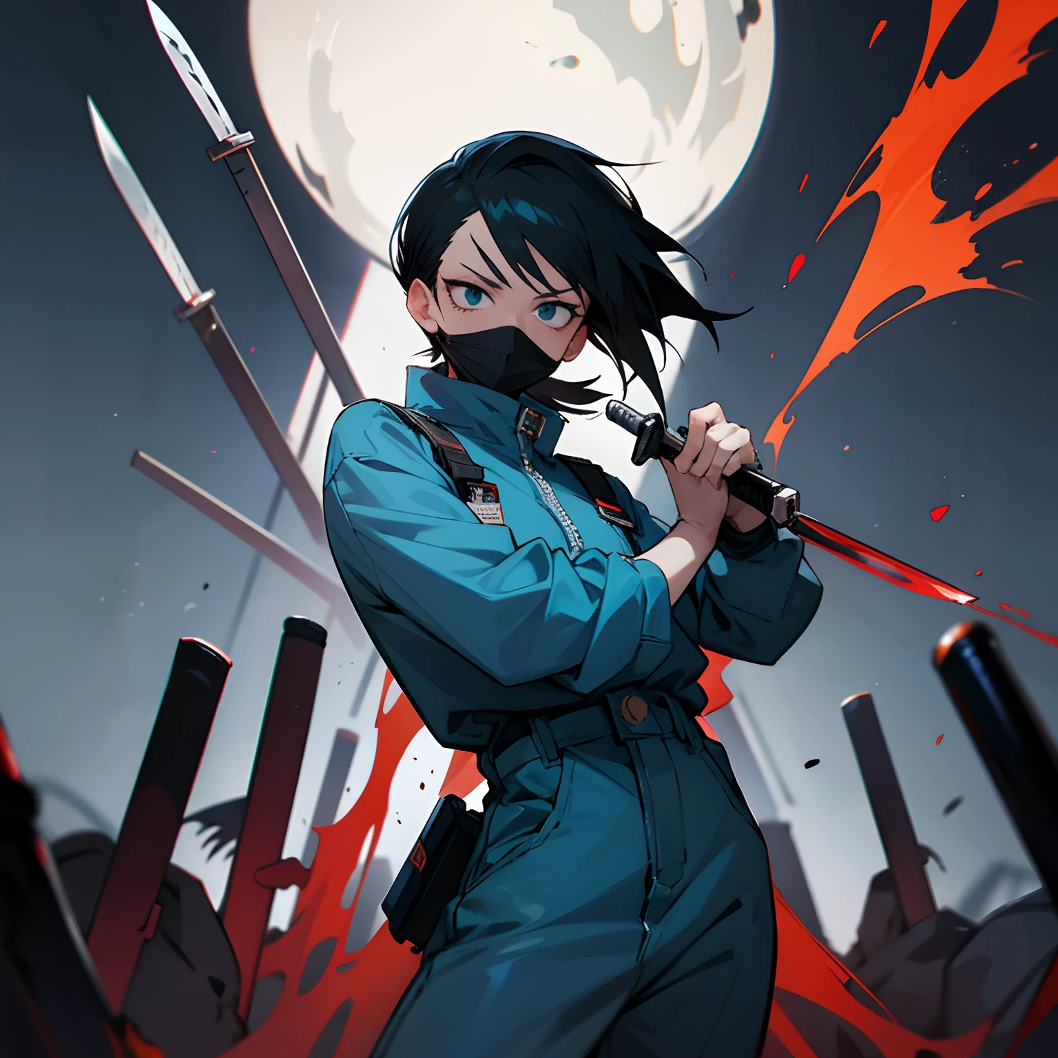 “My Hero Academia Style” “Michael Myers” “Knife In Hand” “Female” “Anime Style” “Ultra” “White mask” “Dark Blue Jumpsuit” “Bloody Knife” “Black Hair”