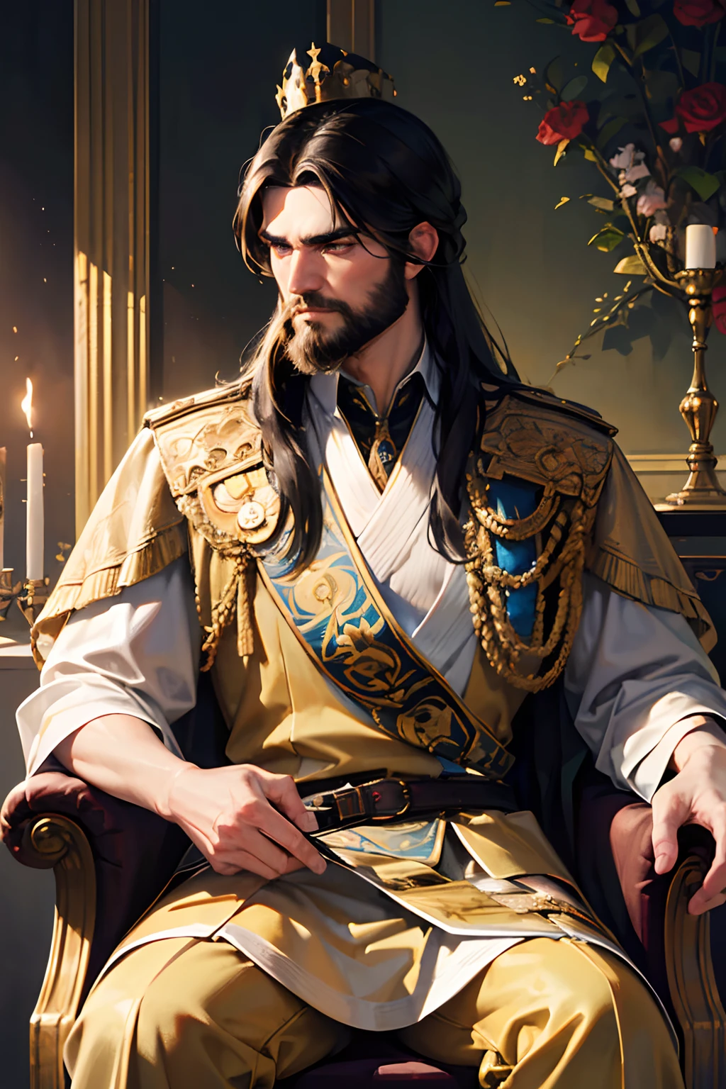 (best quality,4k,8k,highres,masterpiece:1.2),ultra-detailed,(realistic,photorealistic,photo-realistic:1.37),a man with a imposing face, long black hair, muscular, strong, king, king's attire, medieval, illustrious, powerful aura, noble posture, golden crown, regal expression, intricate facial features, intense gaze, fine details on the hair, detailed beard, majestic presence, delicate embroidery on the royal clothing, sword at his side, regal background, golden throne, soft warm lighting