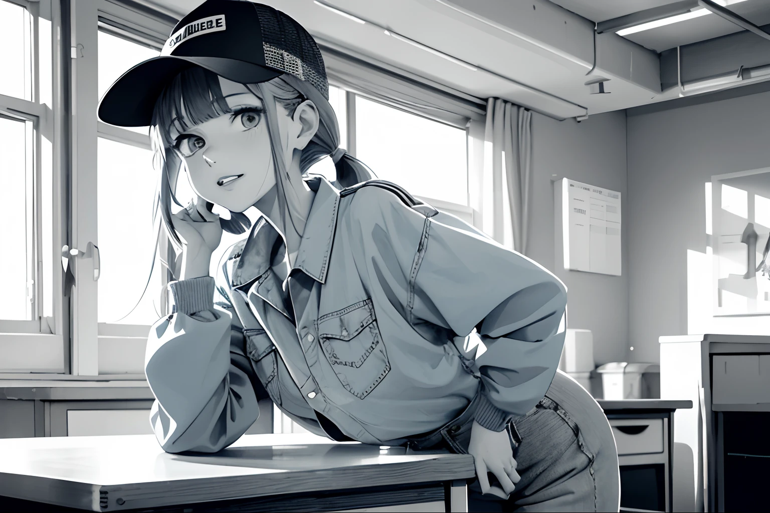 girl with, Put your hands on your hips, ssmile, Trucker Hat, Workwear, Light Blue Long Sleeve Boiler Suit, poneyTail, Patsun bangs, Monochrome line art, Parted lips, Stand behind your desk, ・High-waist table at the front., Staring at the table, upper body