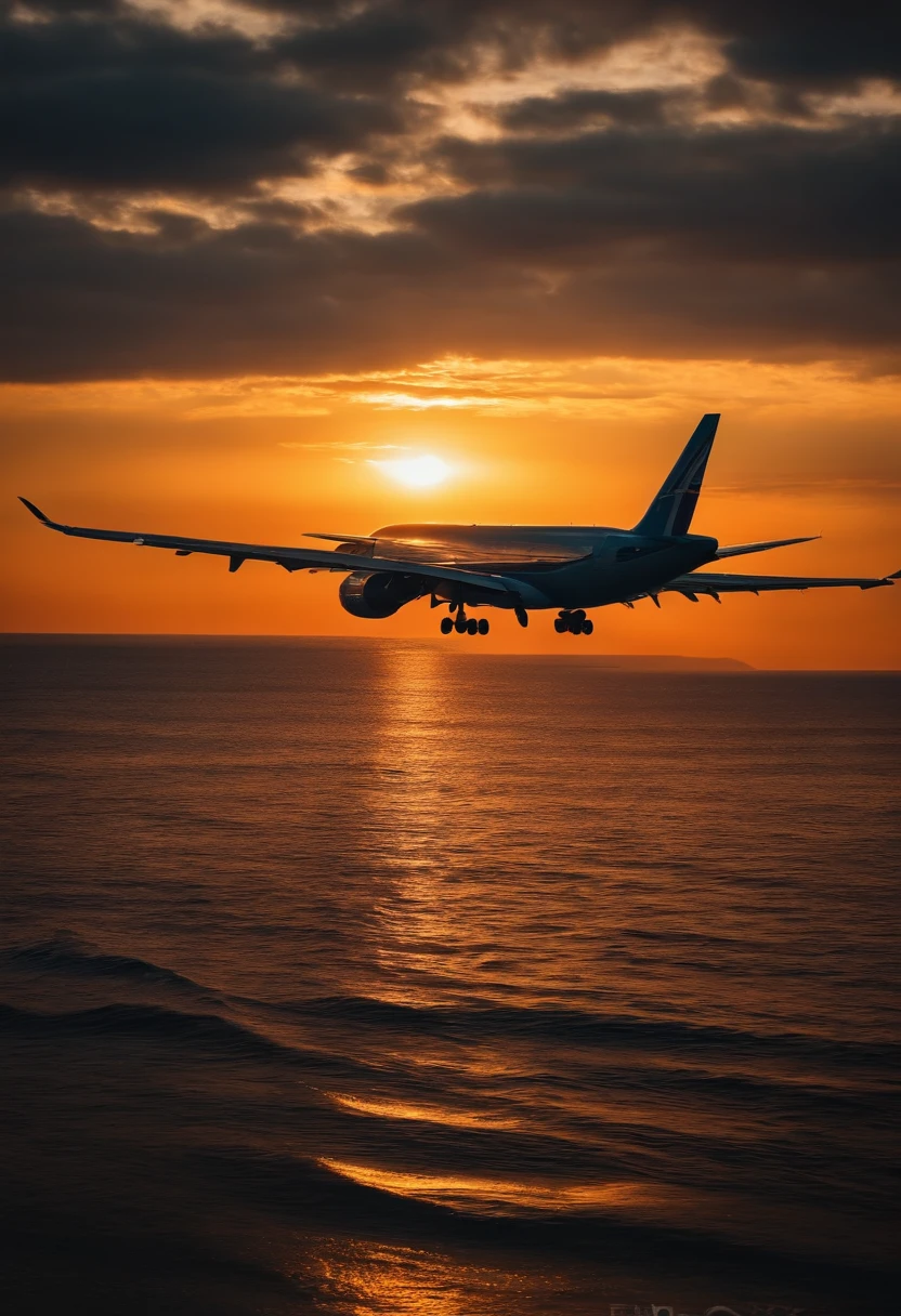 Airplane taking off over the sea on the background of the sunset