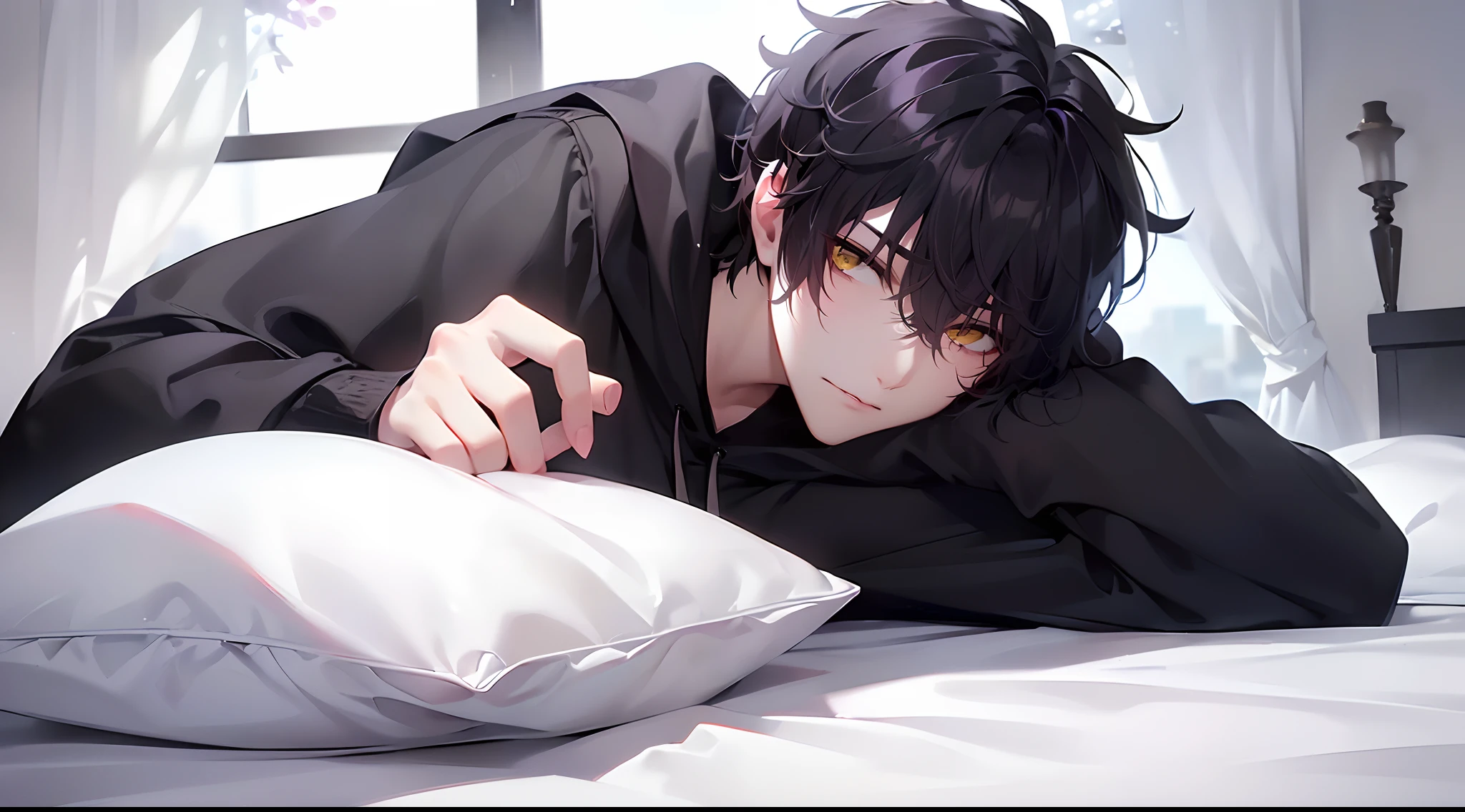 (4K works))、masterpiece、(top-quality)、((Black bedroom in the middle of the night))、mid night、In the black bedroom at midnight、((Window with a view of the starry sky))、((I can see the dark sky from the window))、((dark ilumination))、Korean Male、Adult male、((Adult male 26 years old))、((Face similar to Hyun Jin))、Cool Men、tall、((Sleepy face))、((Irritated face))、((Strong eyes))、((Wearing a white T-shirt and a black hooded jacket、Wearing long black pants))、((Wear a black mask))、((smaller face))、Slim body、((lying down with your head on the pillow))、((hooligan))、((Black short-haired))、((Yellow eyes))、((shot from a side angle))、((lying on one's side))、((Shot alone))、((Solo Photography))、((He is mean to viewers))