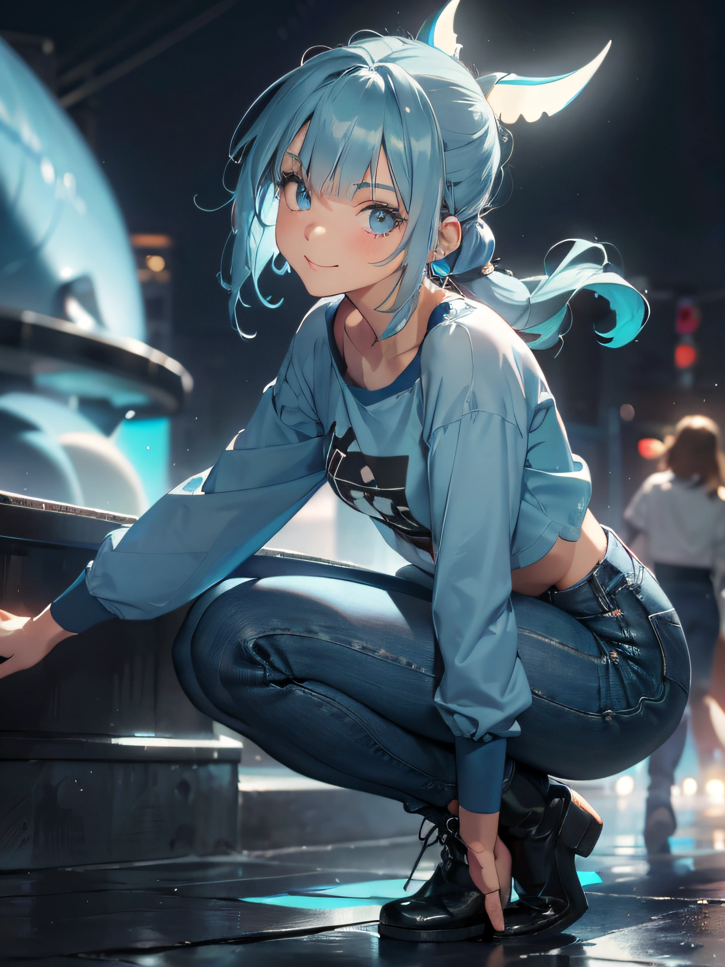 1girl , a girl , 17 yeper adorable , full head ,(Upper Body : (small breasts) , Skinny ) , ((tmasterpiece)) , (Very detailed CG unity 8K wallpaper) , best qualtiy , cinmatic lighting , (hi-top fade:1.3) , dark themed , Muted Tones , Subdued Color , highly contrast , (natural skin textures , Hyper-Realism , Soft light , sharp) , (Hair : (Light Cyan Hair:1.5) , (shoulder-length hair) , ponytail , ) , (Cetacean Blue eyes:1.5) , beatiful detailed eyes , (Bright eyes:1.5) , (Very fine and beautiful) , (Beautiful and detailed eye description) , ( Background : (Random Amusement park at night Background) ) , Blur Background , (Wearing : (Jordy Blue Long-Sleeve Plain Cropped Shirt :1.5) , Neon blue Backpack , Periwinkle Big Shape Jeans , Light cyan Furry Strapped Combat Bootie Boots , Cornflower blue (Calvin Klein underwear) ) , Full body shot , random view ,(Joyful Emotion:1.5) , Happy expression , (Pose : random pose , smile shy ) , (hair covers one eye : 1.5)