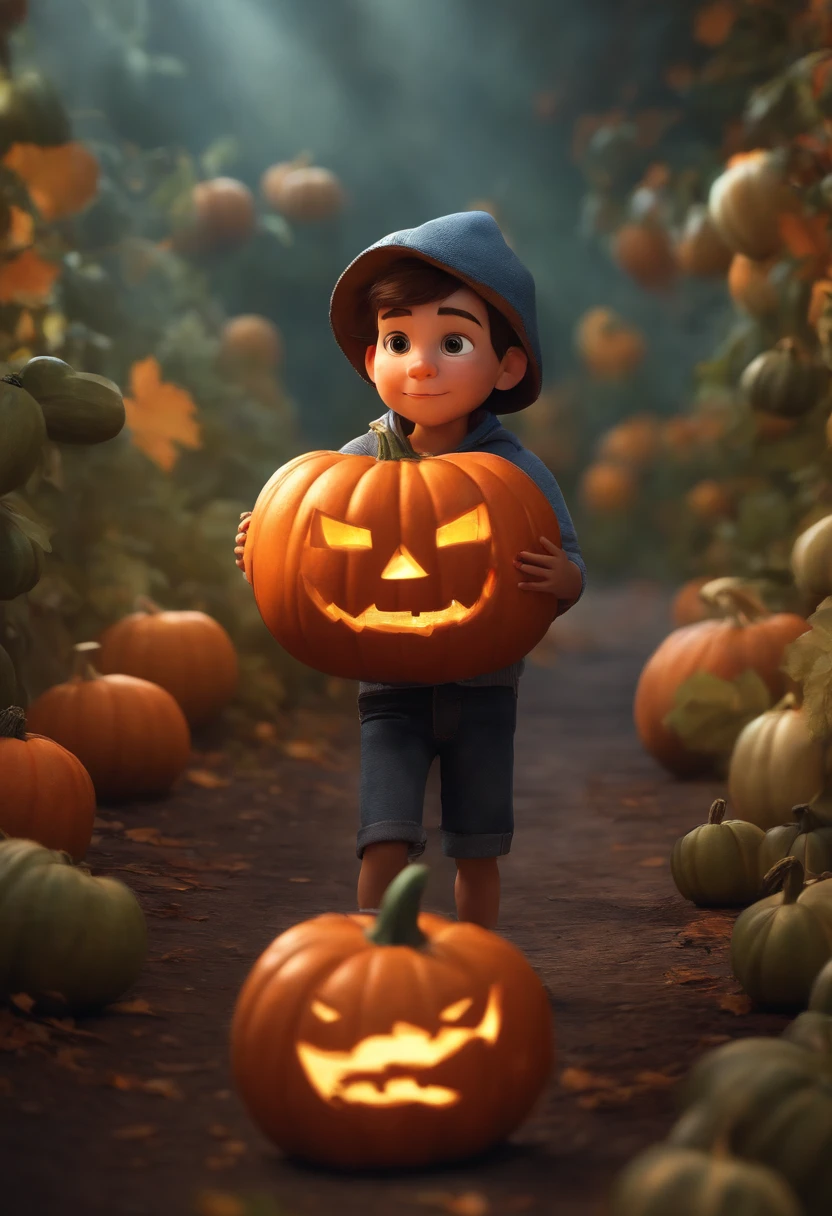 image of a boy for a story in a video for youtube in pixar format he is the Pumpkin is the best friend of the Little Alabastrinho, always defends his friend and has a sister named Zucchini.