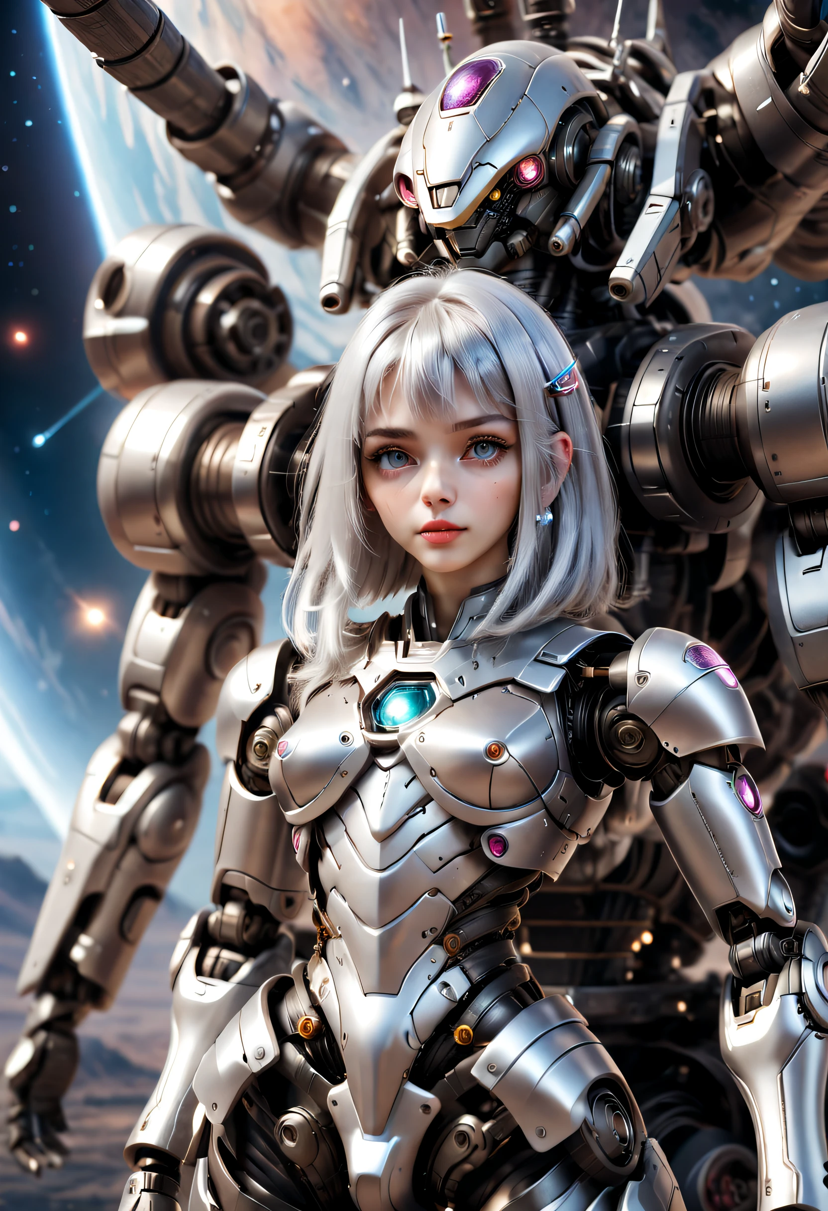 （（tmasterpiece，best qualtiy）），Beautiful 8K Ultra HD professional photos, Sharp focus, In a stunning fantasy world, Cute silver-haired girl，Large mechanical robot structure，Interstellar，Endless space，ssee-through，depth of fields，Magnificent space image scene，