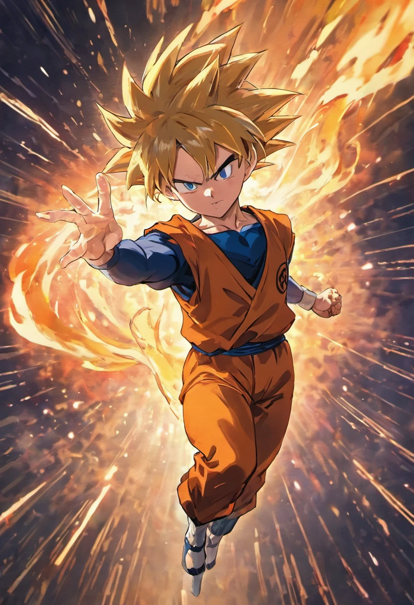 Create an exciting poster with goku from "Bola de Dangon" em um ataque de raiva. Capture the essence of his fiery determination and unyielding spirit as he unleashes his wrath on his enemies. Mantenha-o curto, ousado, e intenso para transmitir o poder bruto da raiva de Goku.
