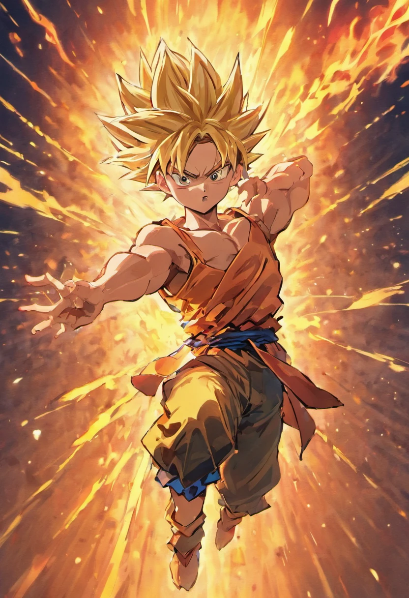 Create an exciting poster with goku from "Bola de Dangon" em um ataque de raiva. Capture the essence of his fiery determination and unyielding spirit as he unleashes his wrath on his enemies. Mantenha-o curto, ousado, e intenso para transmitir o poder bruto da raiva de Goku.