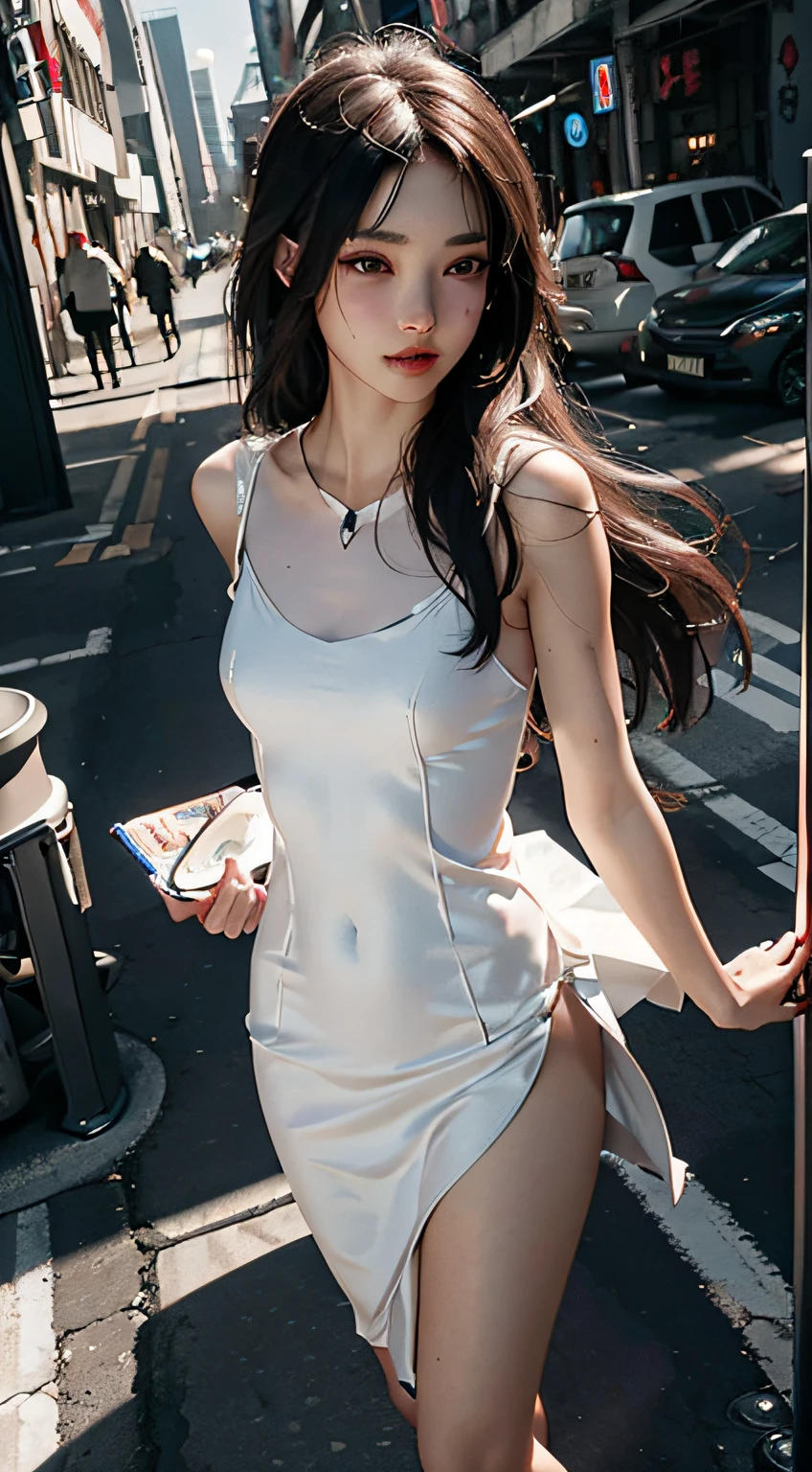 Outstanding picture quality, outstanding details, extra high resolution (真实感: 1,4), the best illustration, (((Masterpiece, Best Quality, High Resolution))), Cyberpunk slender young girl, White long hair, Full-length in a short dress, is looking at the camera, Against the backdrop of a cyberpunk city, white short dress, naked legs, brightness, Masterpiece, Best Quality, 1girl, hiquality, Ultra Detailed, ((Real image)), ((lifelike skin)), ((realistic face)),(illustartion:1.05), (Beautiful:1.05), (beautiful detail eyes:1.05), Form-fitting silhouette, Slim, small breasts, white clothing. Faraway view. full-length photo,