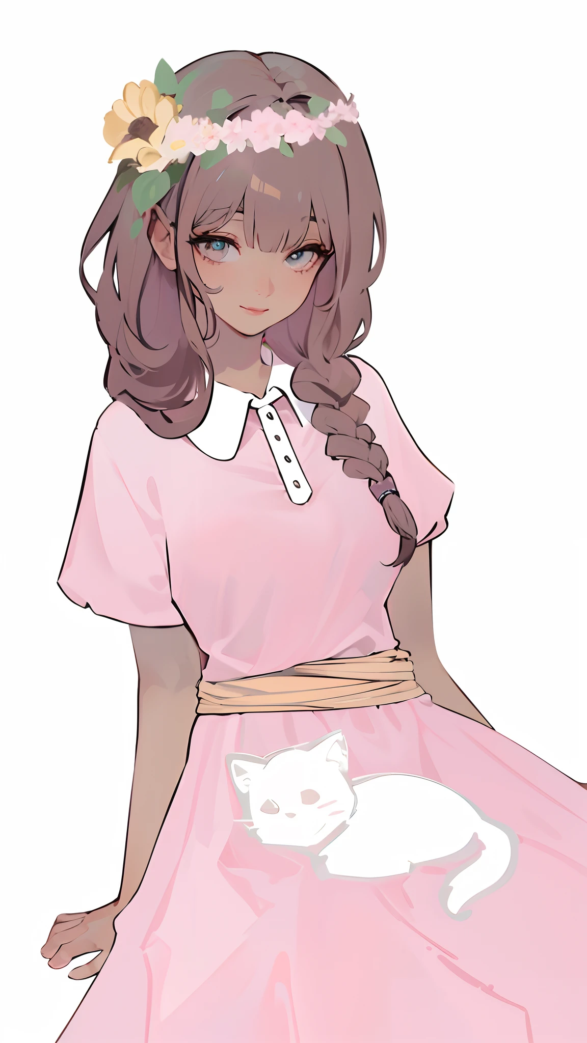 (best quality,4k,8k,highres,masterpiece:1.2),ultra-detailed,(realistic,photorealistic,photo-realistic:1.37),portrait,color harmony,feminine,garden setting,beautiful detailed eyes,beautiful detailed lips,flawless skin,long brown hair,bright pink dress,flowing fabric,bouquet of flowers in her hands,soft sunlight,peaceful atmosphere,delicate features,graceful pose,subtle smile,colorful flowers in the background,lush greenery,ethereal vibes